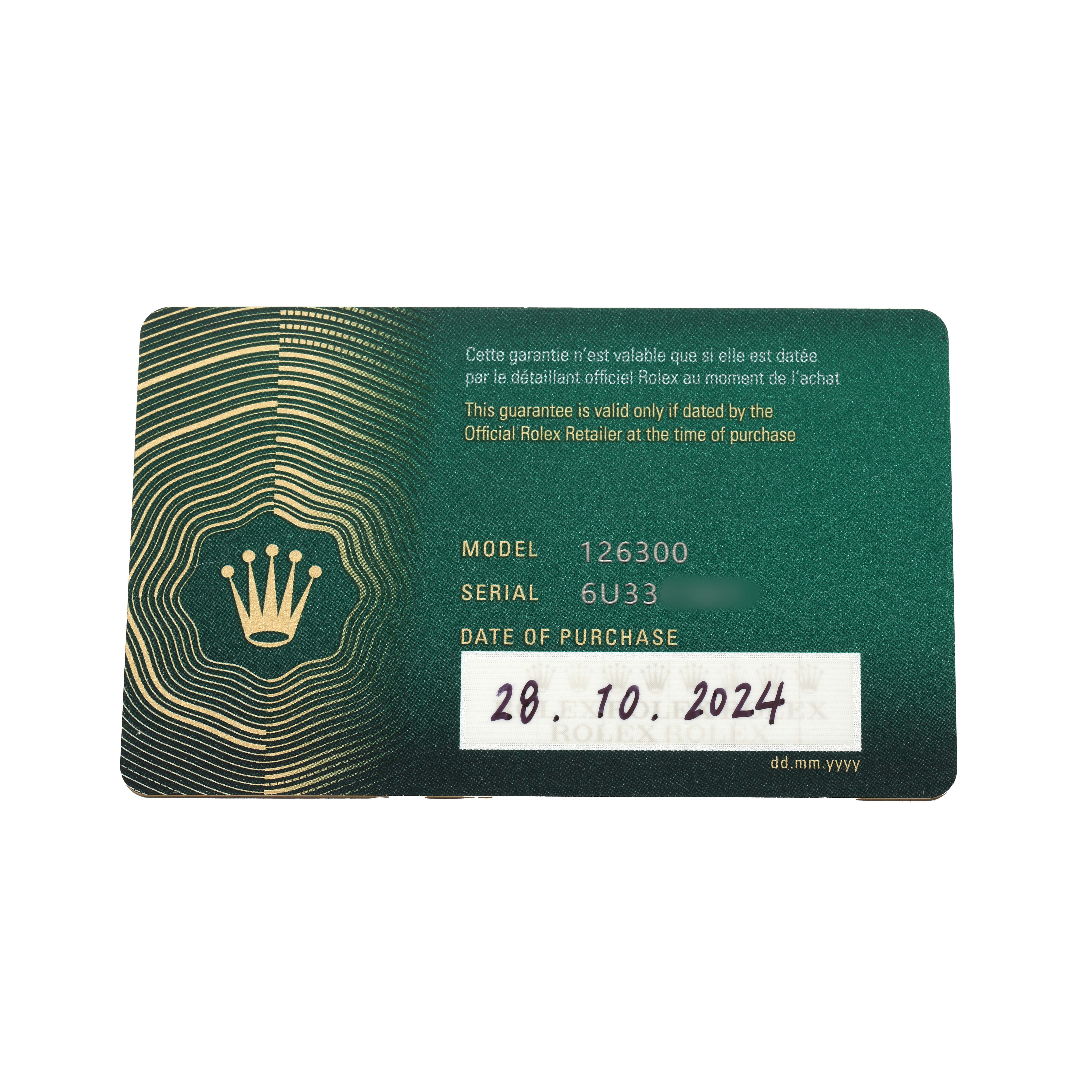 The image shows a warranty card for a Rolex Datejust 41 126300 Men
s Stainless Steel White Dial, displaying the model and serial number.