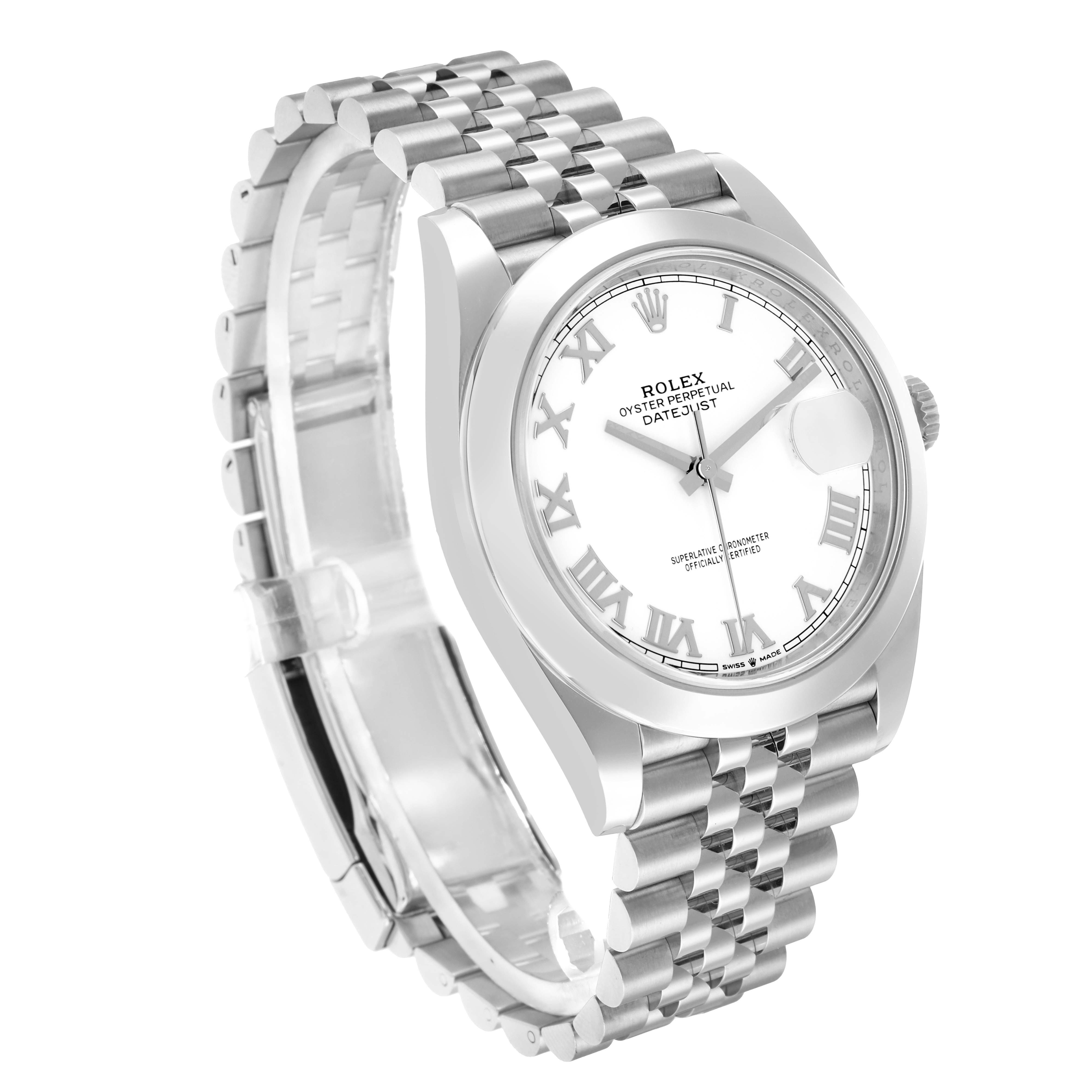 The Rolex Datejust 41 126300 Men
s Stainless Steel White Dial watch is shown from a side angle, highlighting its bracelet, case, bezel, and dial with Roman numerals.