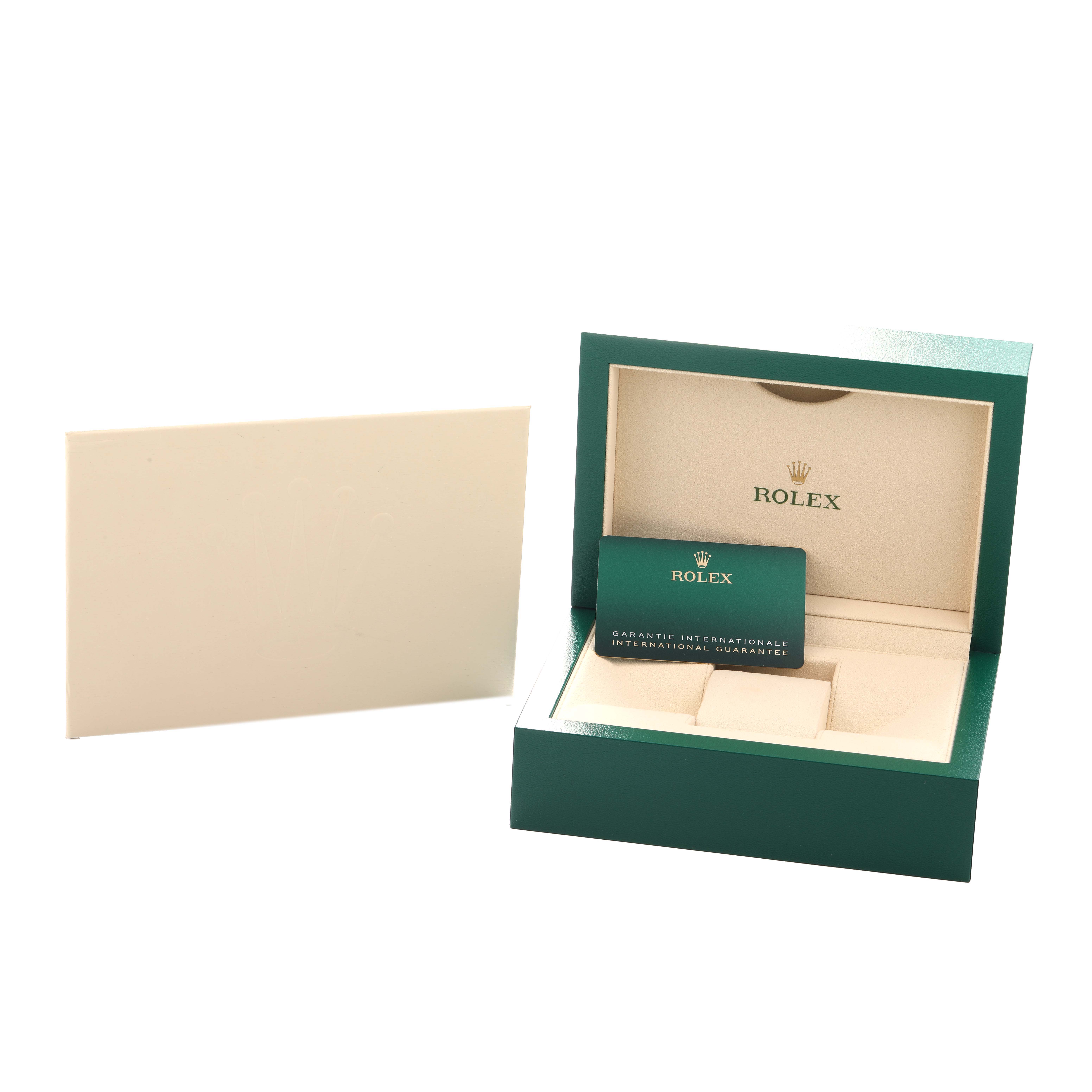 The image shows the open box and warranty card for the Rolex Datejust 41 126300 Men
s Stainless Steel White Dial, with the watch itself not visible.