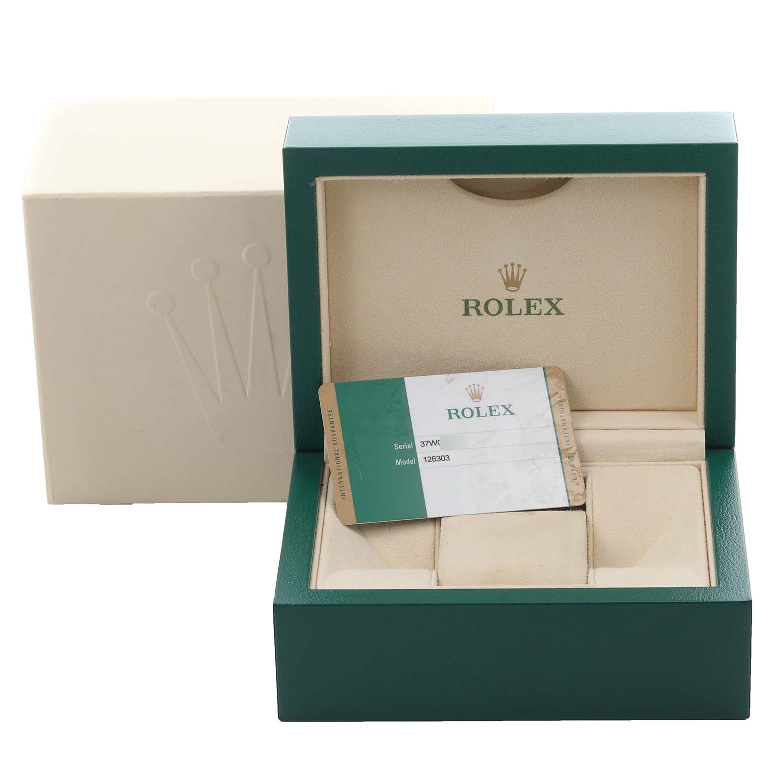 The image shows the opened green box of a Rolex Datejust 41 126303 Men's Steel and Gold (two tone) White Dial 126303 Men's Steel and Gold (two tone) White Dial with an authenticity card inside.