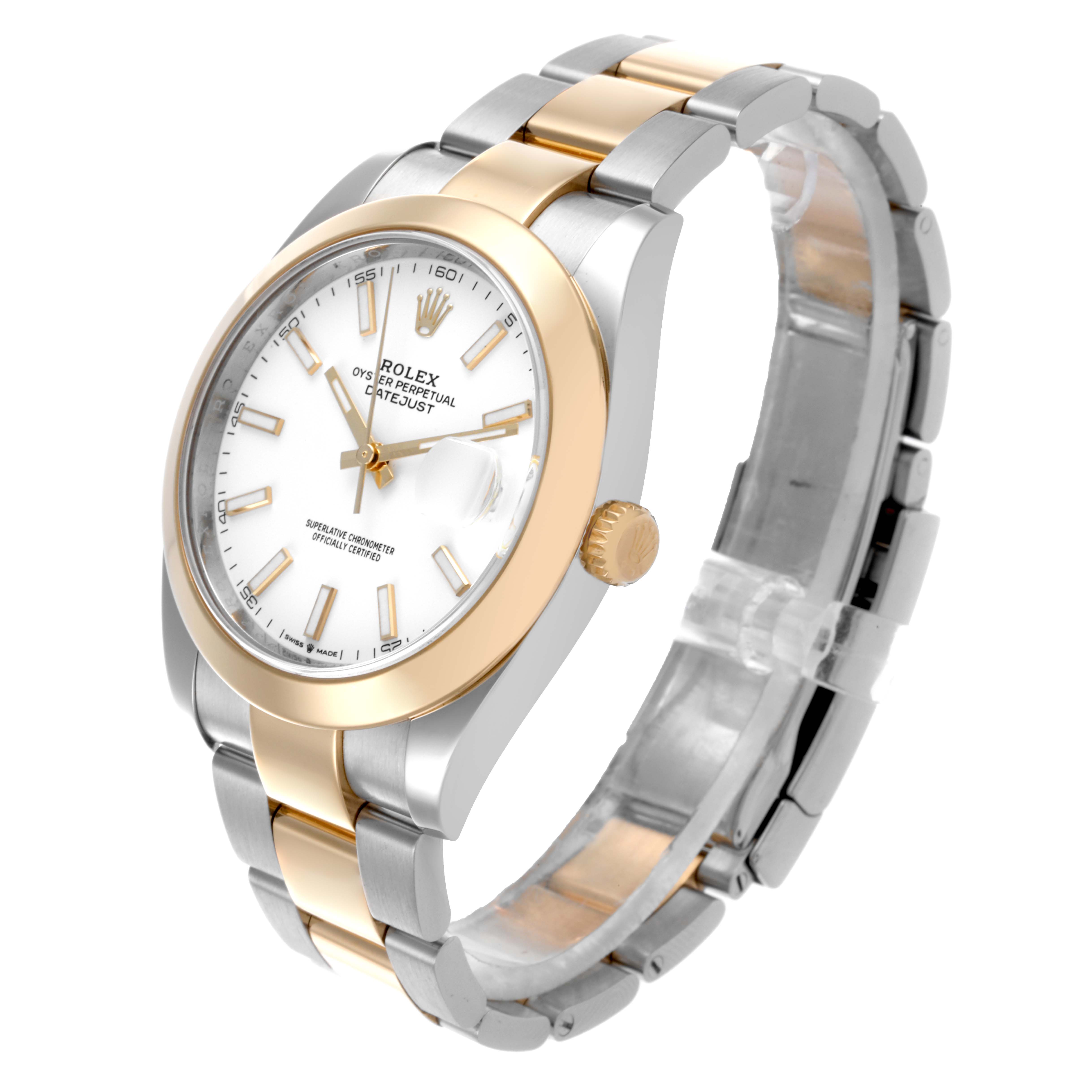 The Rolex Datejust 41 126303 Men's Steel and Gold (two tone) White Dial 126303 Men's Steel and Gold (two tone) White Dial watch is shown at a slight angle, displaying its dial, bezel, and part of the bracelet.