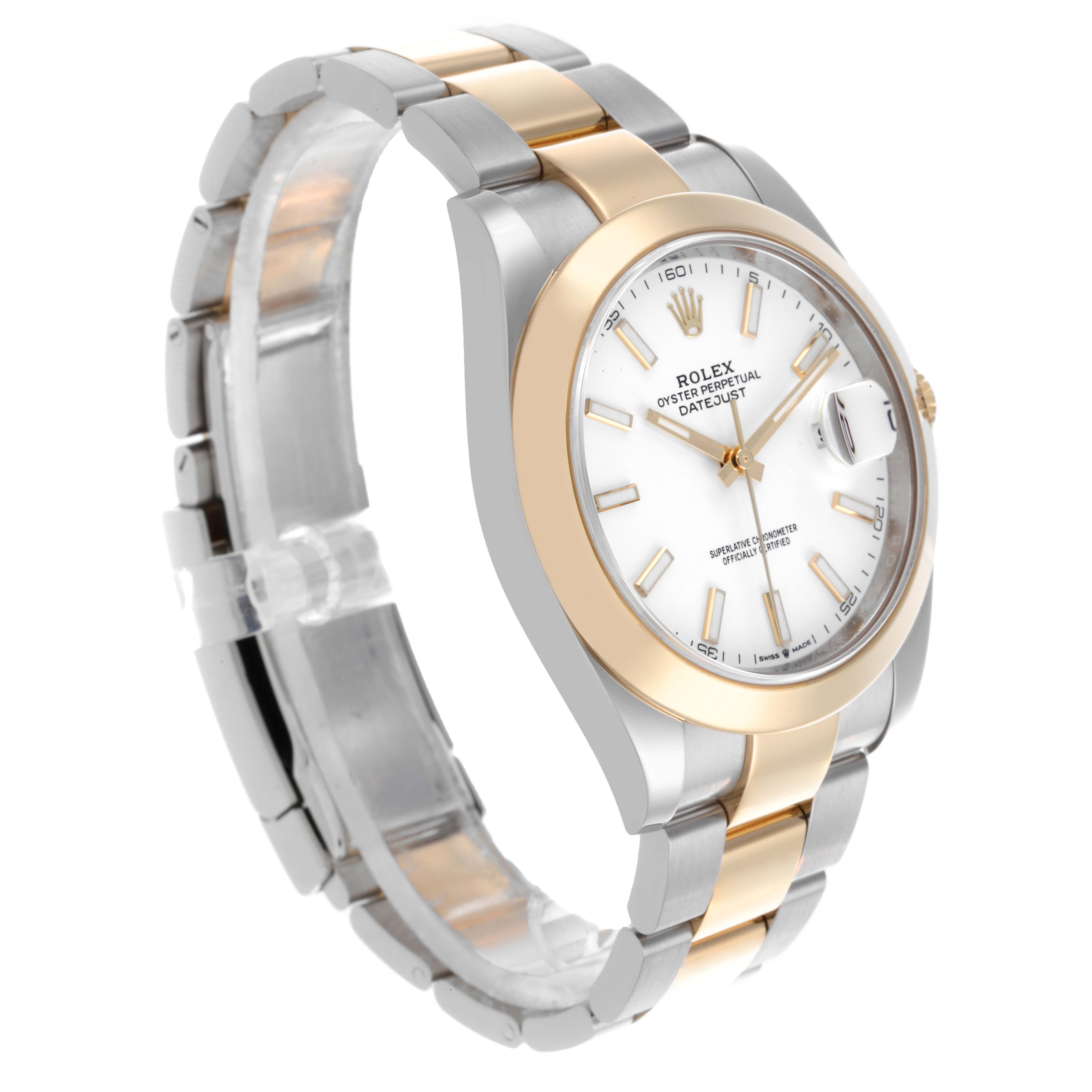 The Rolex Datejust 41 126303 Men's Steel and Gold (two tone) White Dial 126303 Men's Steel and Gold (two tone) White Dial is shown from a three-quarter view, highlighting the two-tone bracelet and watch face.