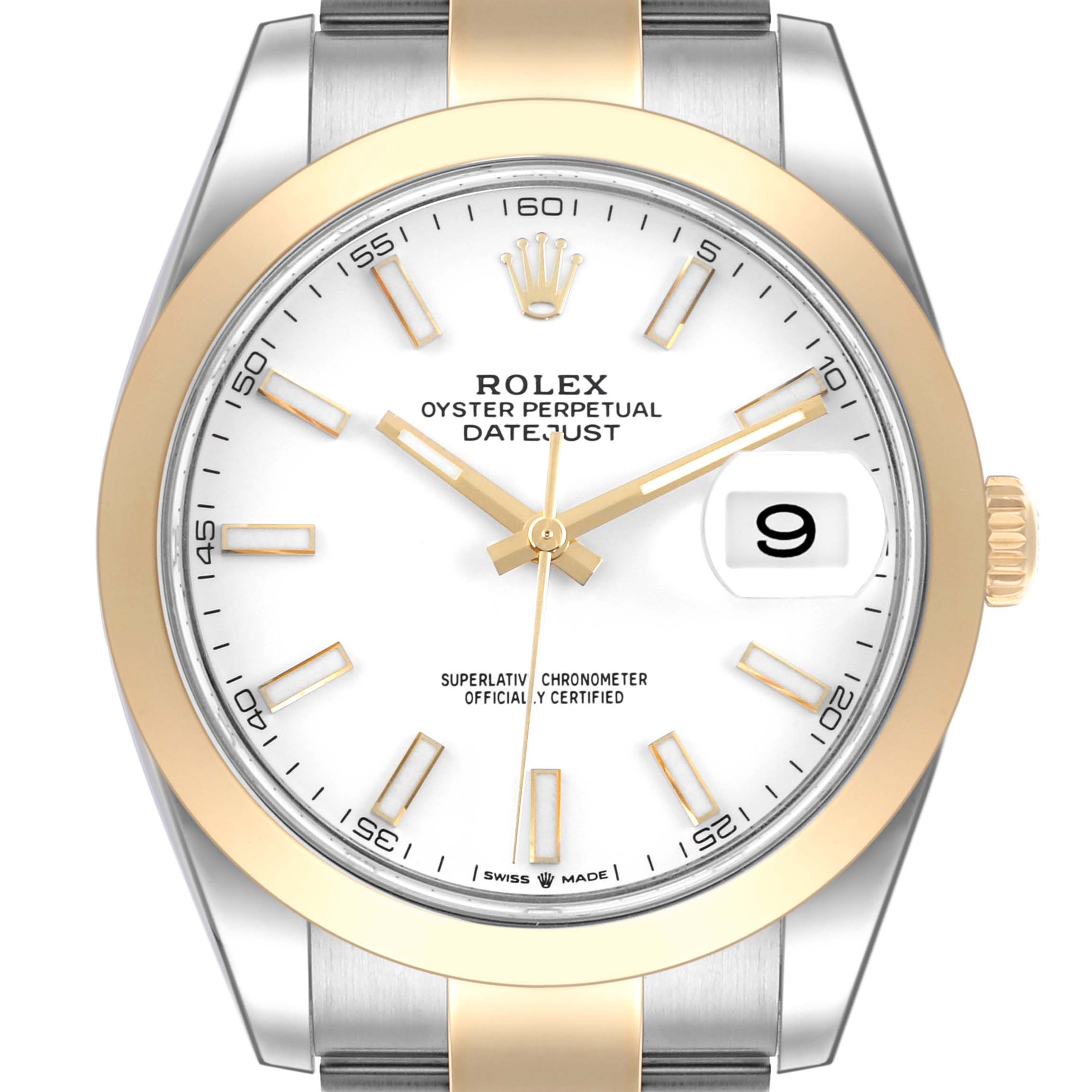 The Rolex Datejust 41 126303 Men's Steel and Gold (two tone) White Dial 126303 Men's Steel and Gold (two tone) White Dial is shown from the front, displaying the dial, hands, date window, bezel, and part of the bracelet.