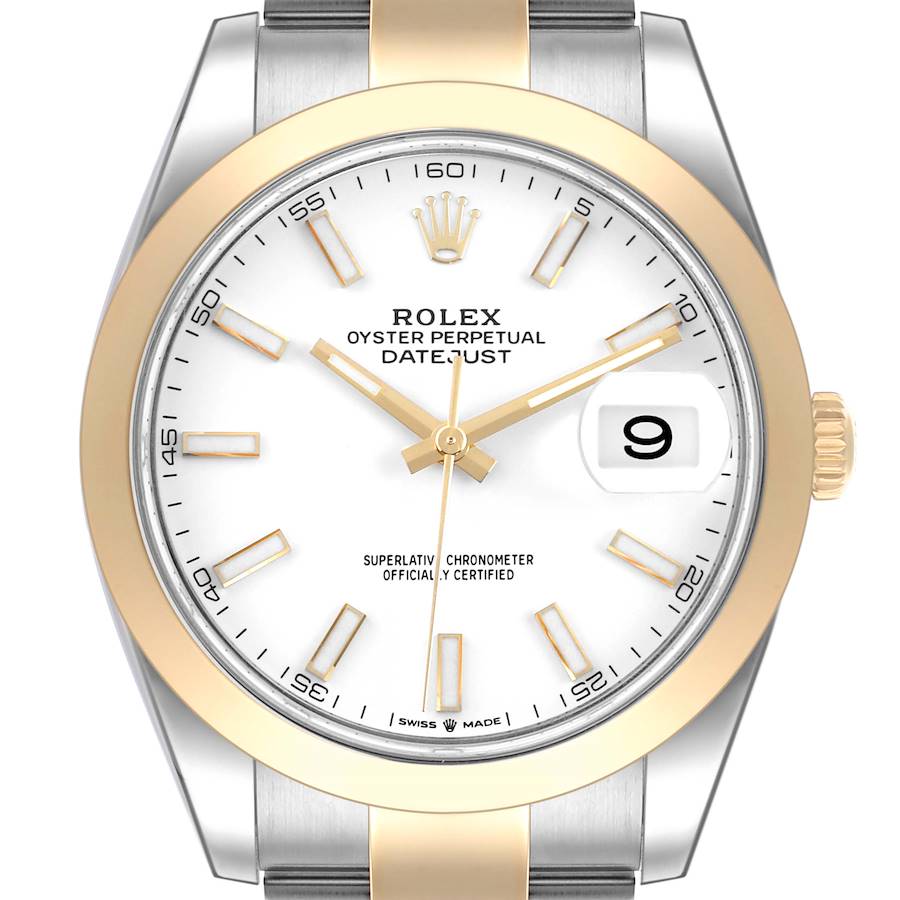 The Rolex Datejust 41 is shown from the front, displaying the dial, hands, date window, bezel, and part of the bracelet.