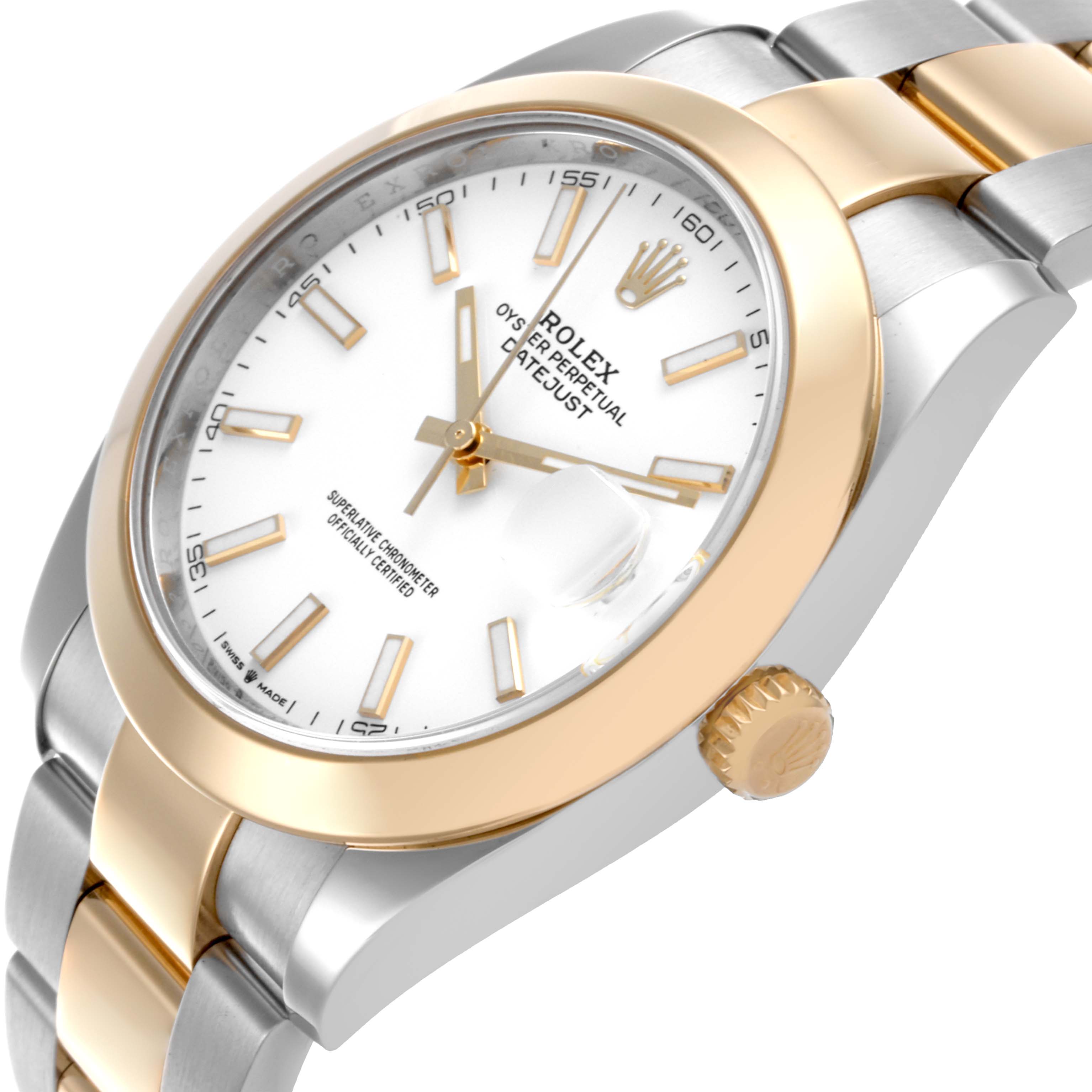 The image shows a side-angle view of the Rolex Datejust 41 126303 Men's Steel and Gold (two tone) White Dial 126303 Men's Steel and Gold (two tone) White Dial, highlighting the gold bezel, crown, and two-tone bracelet.