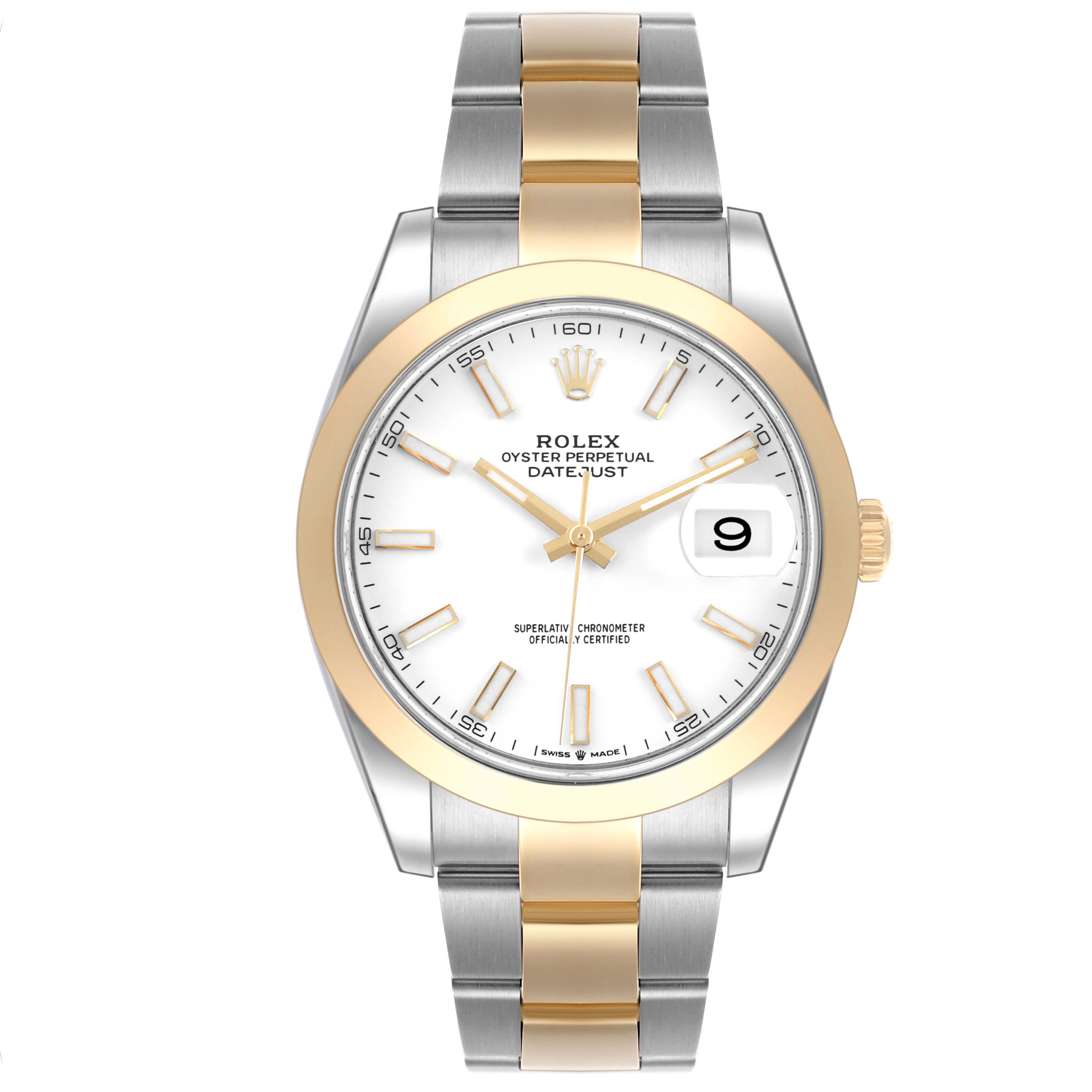 The Rolex Datejust 41 126303 Men's Steel and Gold (two tone) White Dial 126303 Men's Steel and Gold (two tone) White Dial is shown from the front, featuring the dial, hands, date window, and two-tone bracelet.