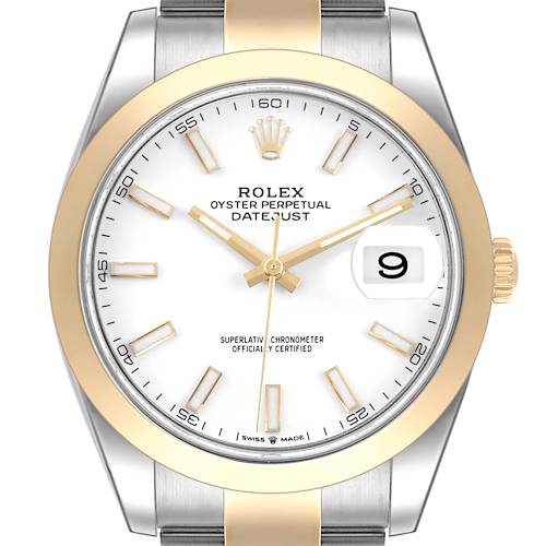 The Rolex Datejust 41 is shown from a front angle, highlighting the dial, bezel, and bracelet sections.