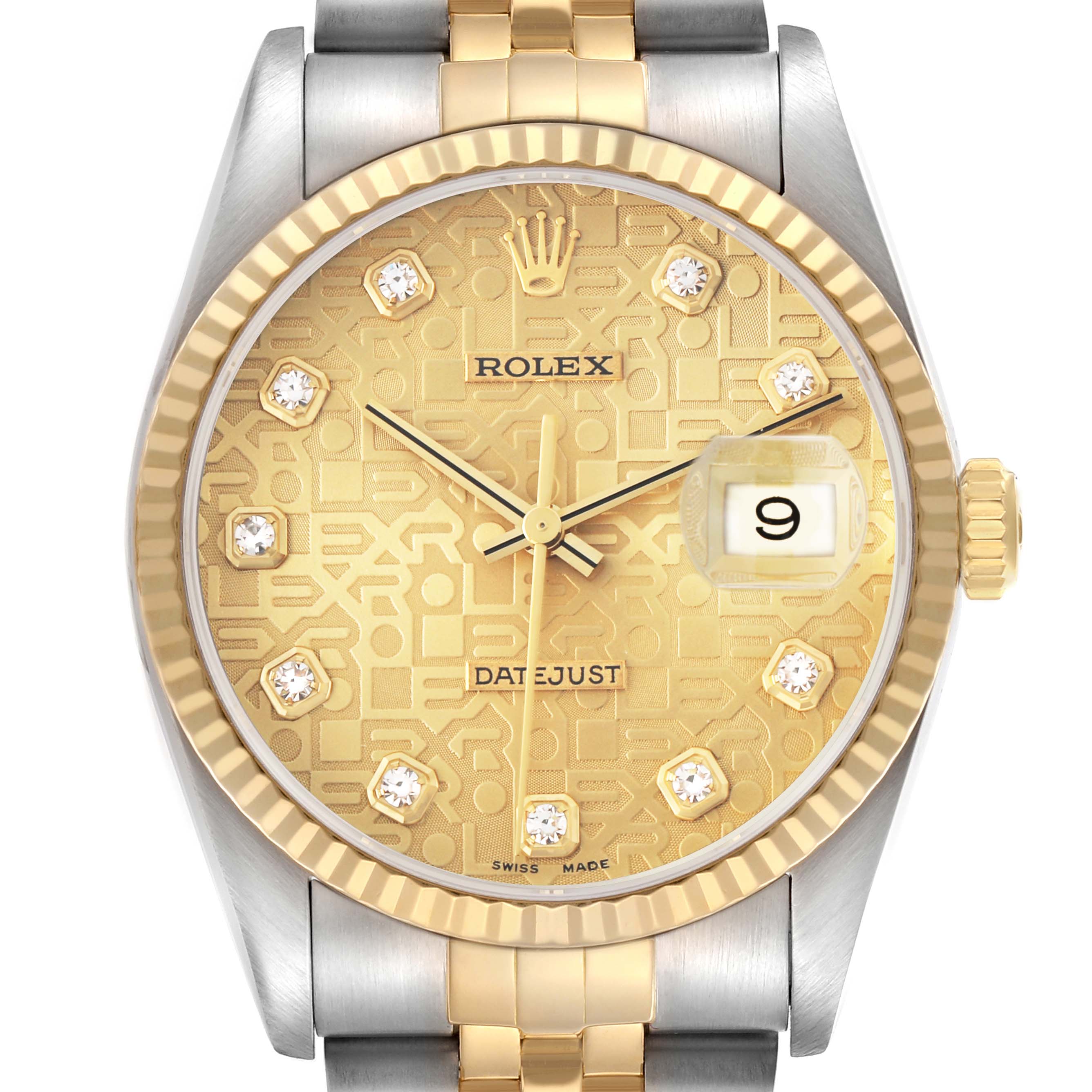 The Rolex Datejust 16233 Men
s Steel and Gold (two tone) Champagne Dial watch is shown from a front angle, highlighting its gold patterned dial, diamond hour markers, and date window.