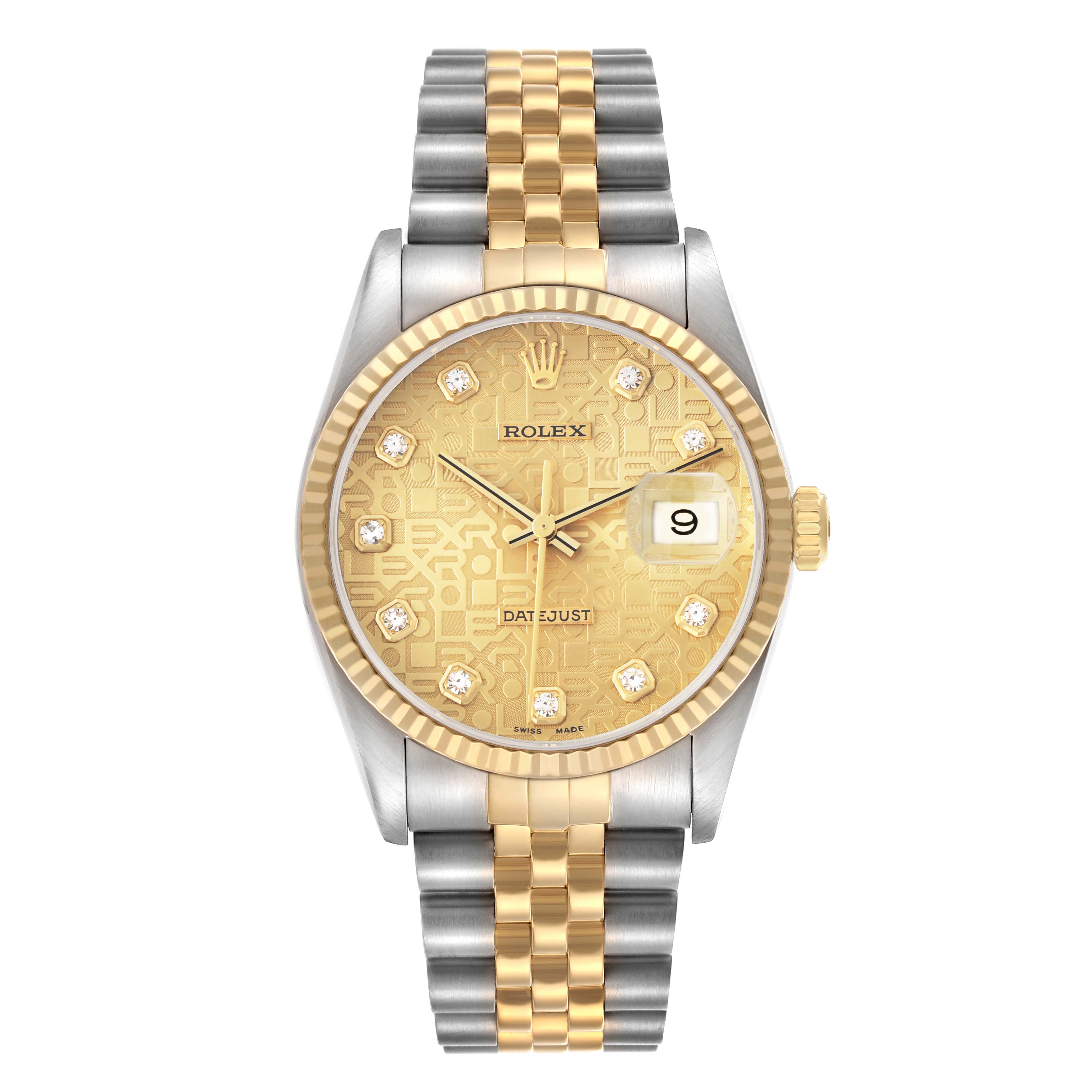The Rolex Datejust 16233 Men
s Steel and Gold (two tone) Champagne Dial watch is shown from a front angle, featuring a two-tone bracelet, gold dial, diamond markers, and a date display.