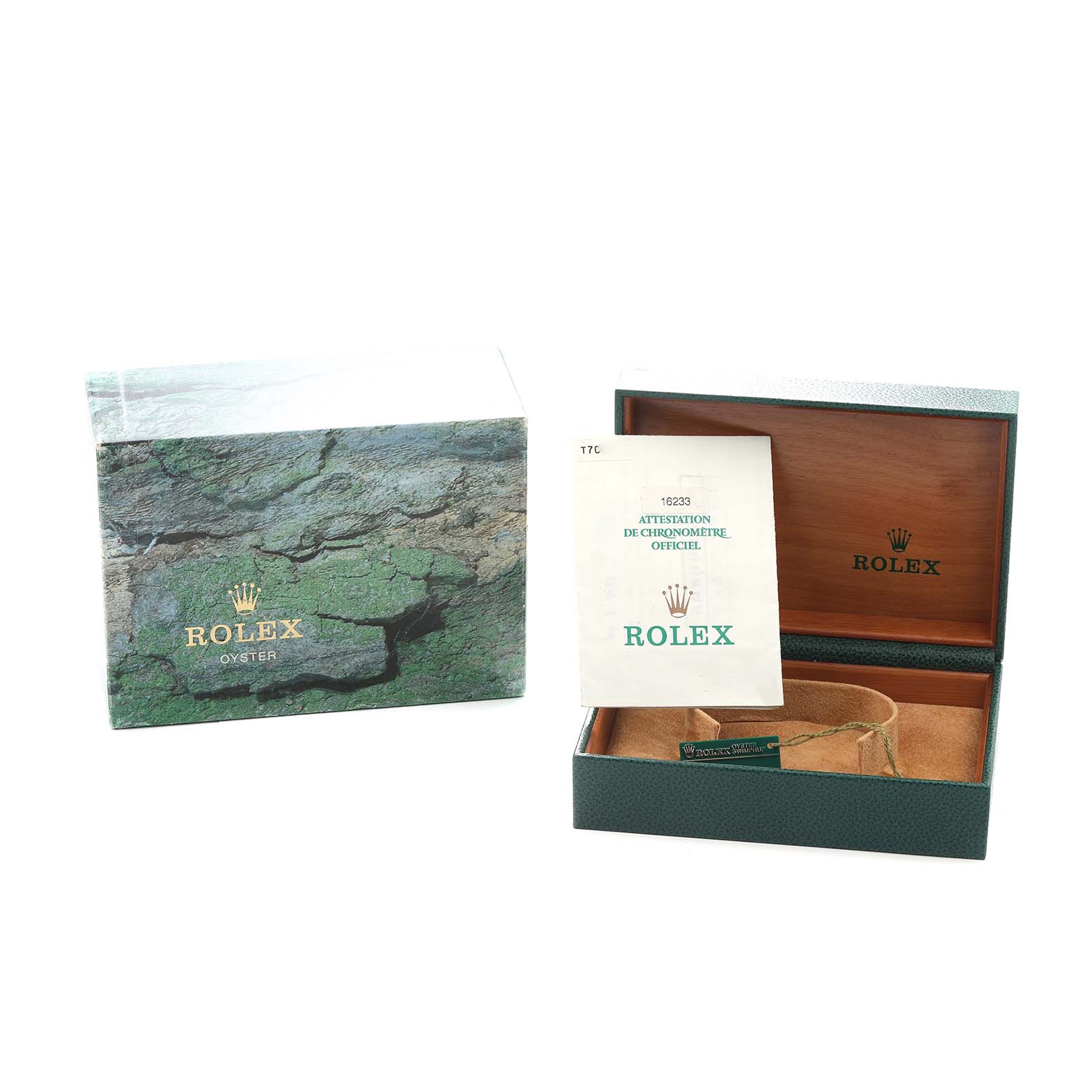 The image shows the box and papers for a Rolex Datejust 16233 Men
s Steel and Gold (two tone) Champagne Dial, including the outer box, inner box, and instruction manual.