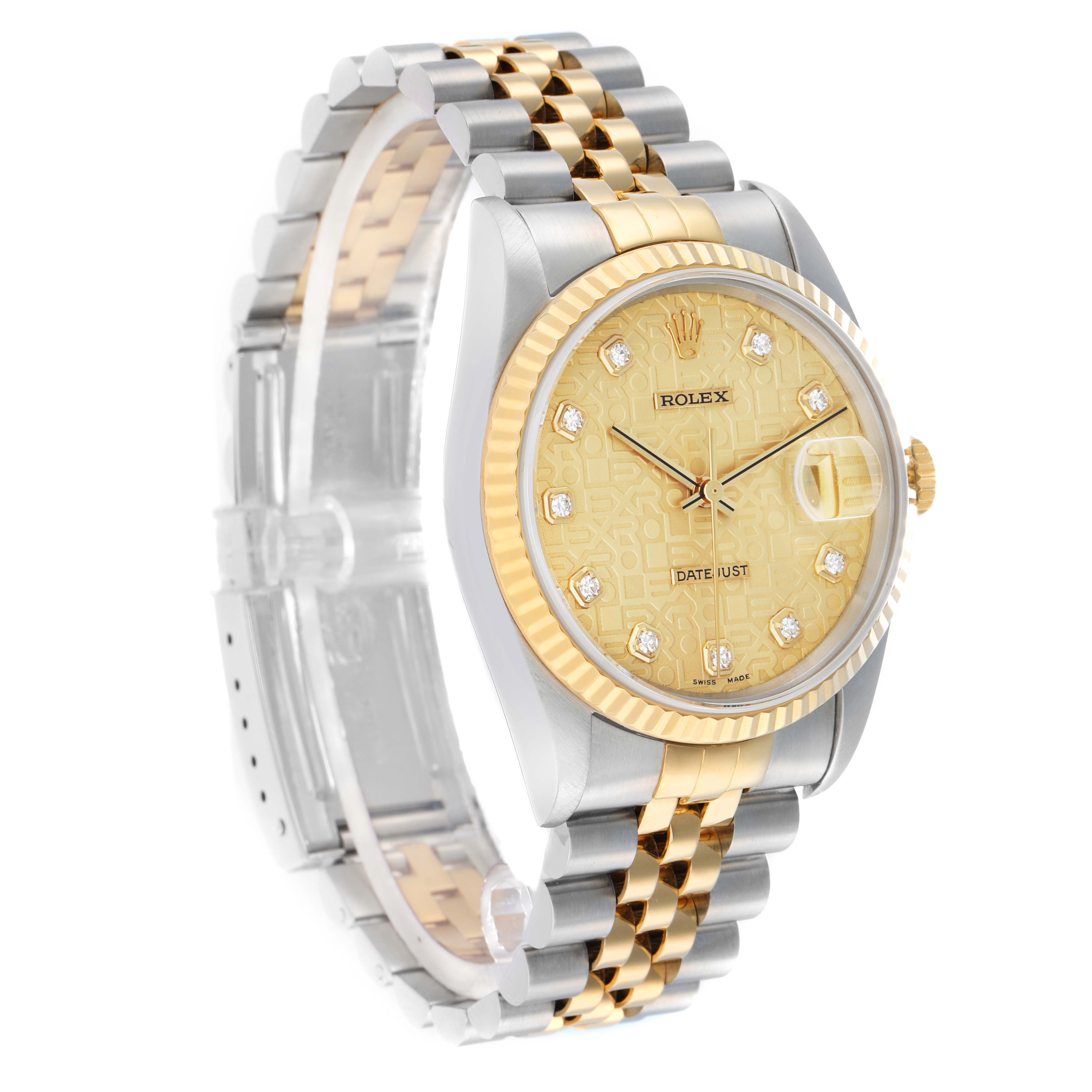 This Rolex Datejust 16233 Men
s Steel and Gold (two tone) Champagne Dial watch is shown from a three-quarter angle, highlighting the dial, bezel, and two-tone bracelet.