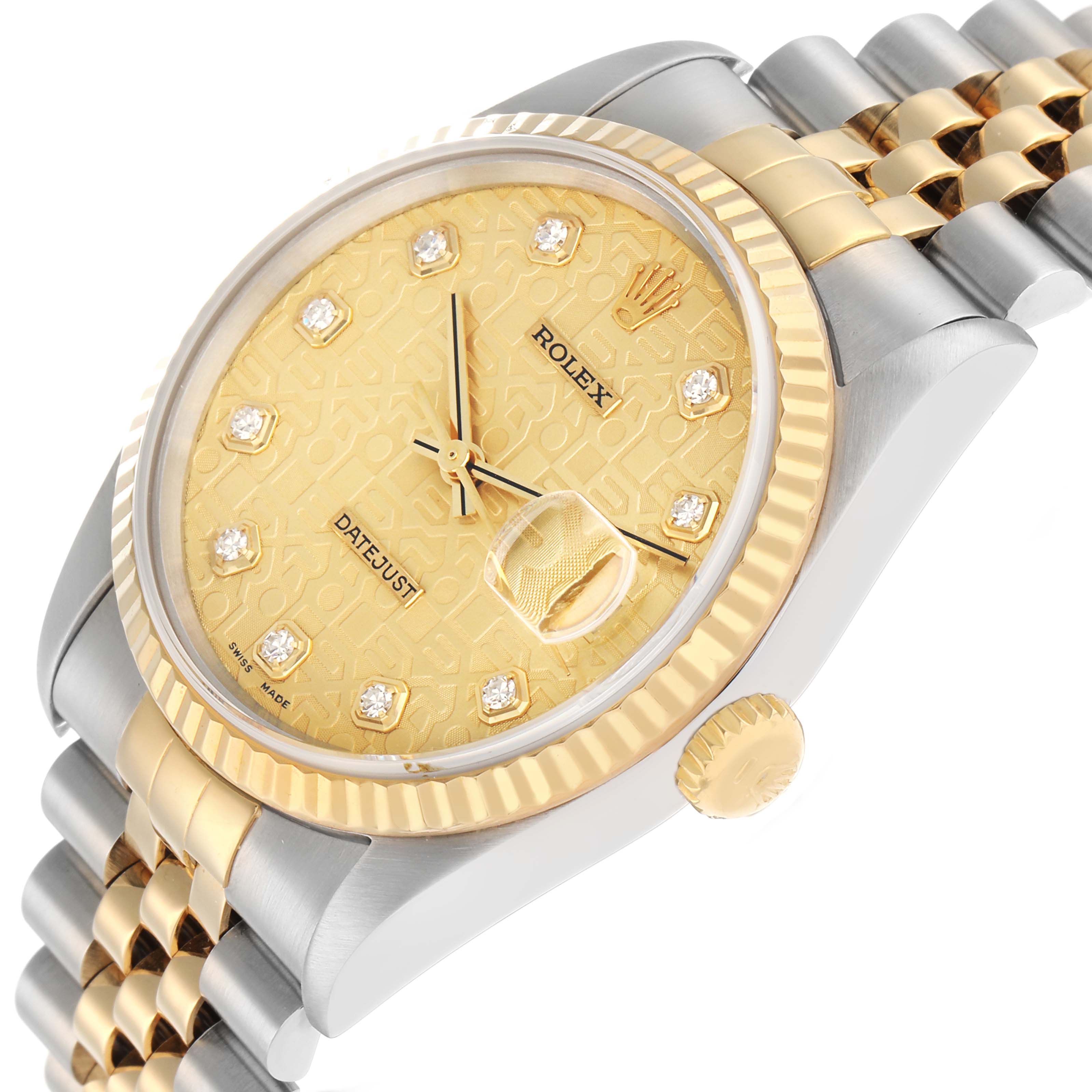 The image shows a Rolex Datejust 16233 Men
s Steel and Gold (two tone) Champagne Dial at a slight angle, highlighting the gold bezel, dial, crown, and part of the Jubilee bracelet.