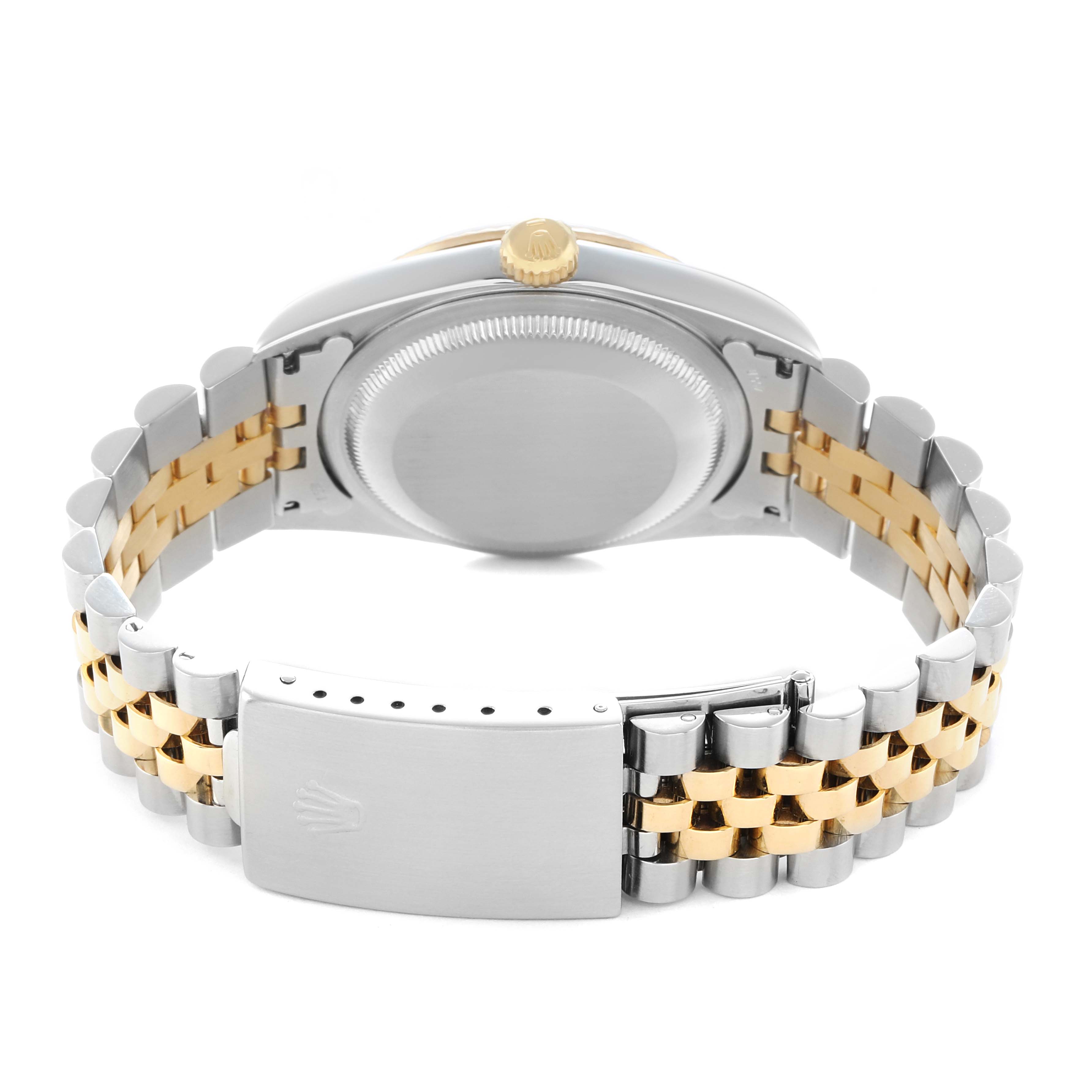 The image shows the back of a Rolex Datejust 16233 Men
s Steel and Gold (two tone) Champagne Dial watch, focusing on the case back, crown, and two-tone bracelet with clasp.