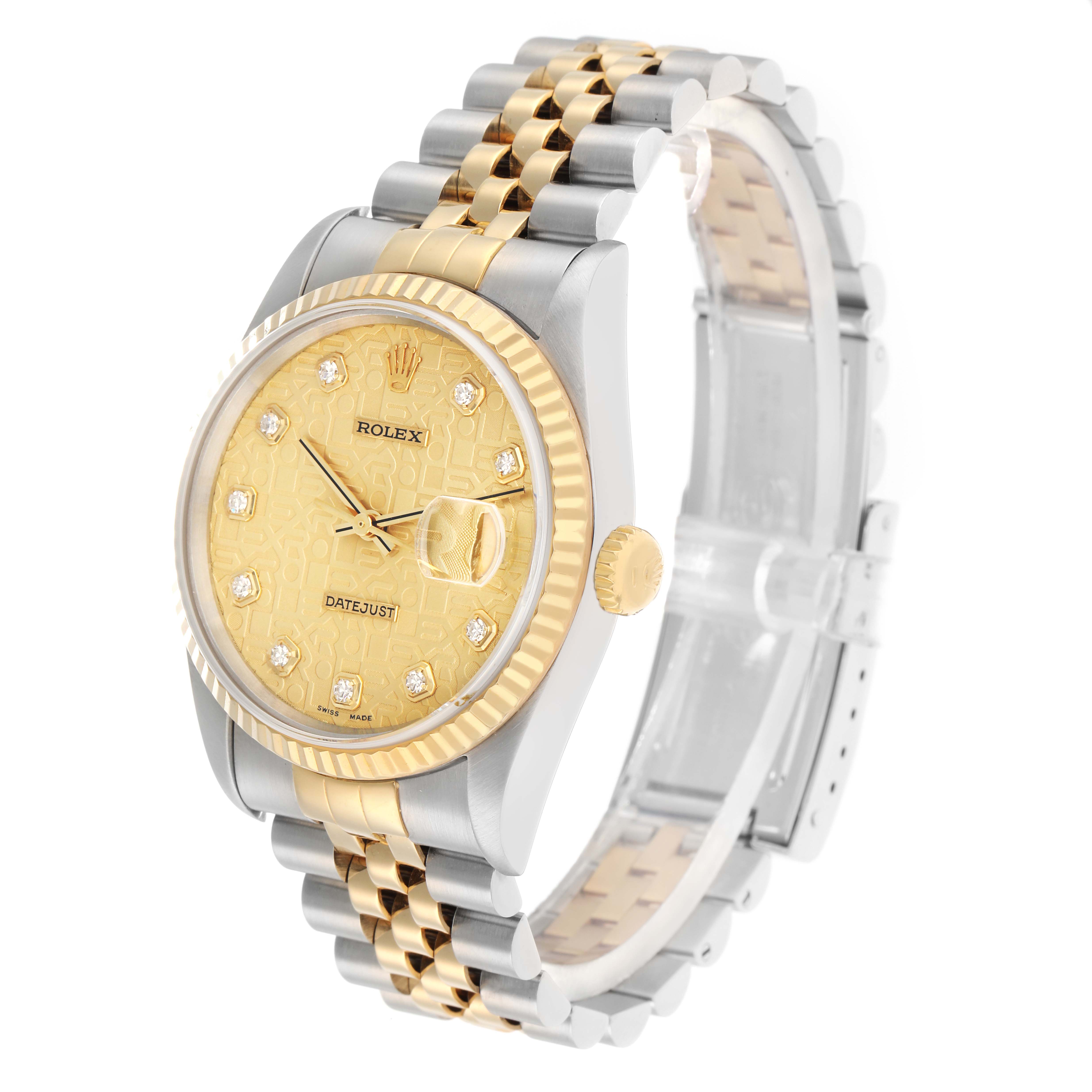 The Rolex Datejust 16233 Men
s Steel and Gold (two tone) Champagne Dial watch is shown at a slight angle, displaying the face, bezel, crown, and two-tone bracelet.
