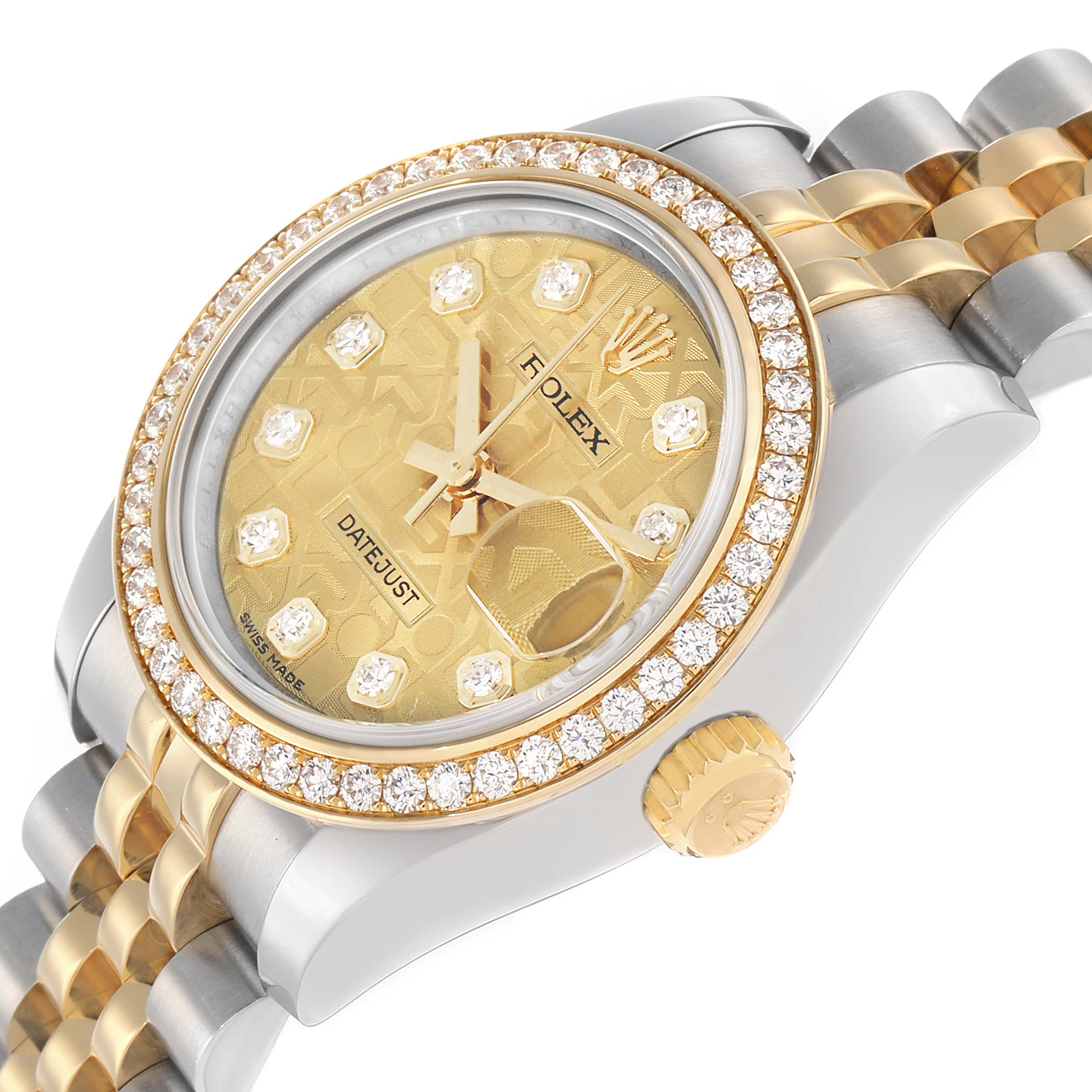 The Rolex Datejust 179383 Women
s Steel and Gold (two tone) Champagne Dial watch is shown at an angle highlighting its gold dial, diamond bezel, crown, and partially visible bracelet.