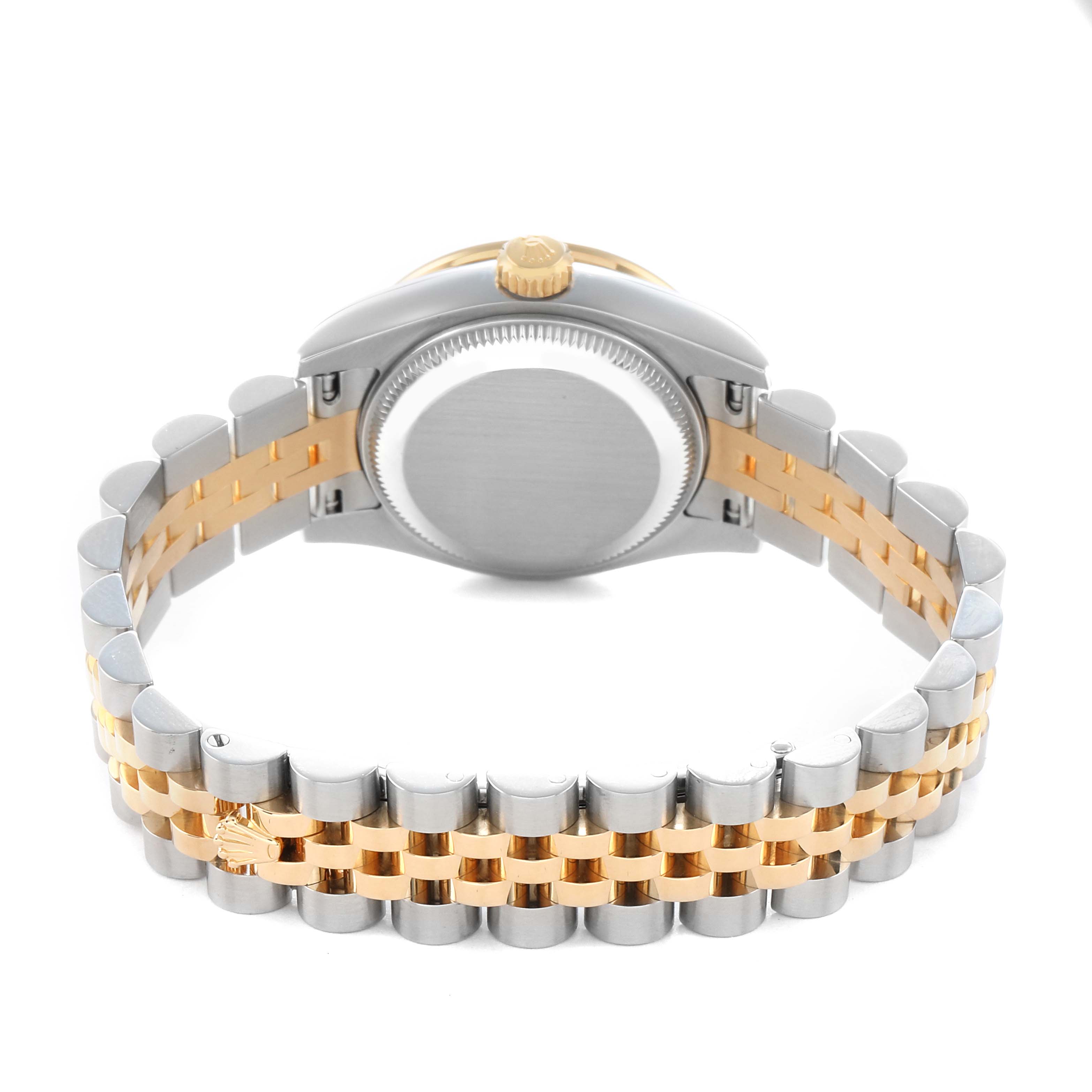 The image shows the back and bracelet of a Rolex Datejust 179383 Women
s Steel and Gold (two tone) Champagne Dial watch, highlighting its two-tone metal links and the watch case.