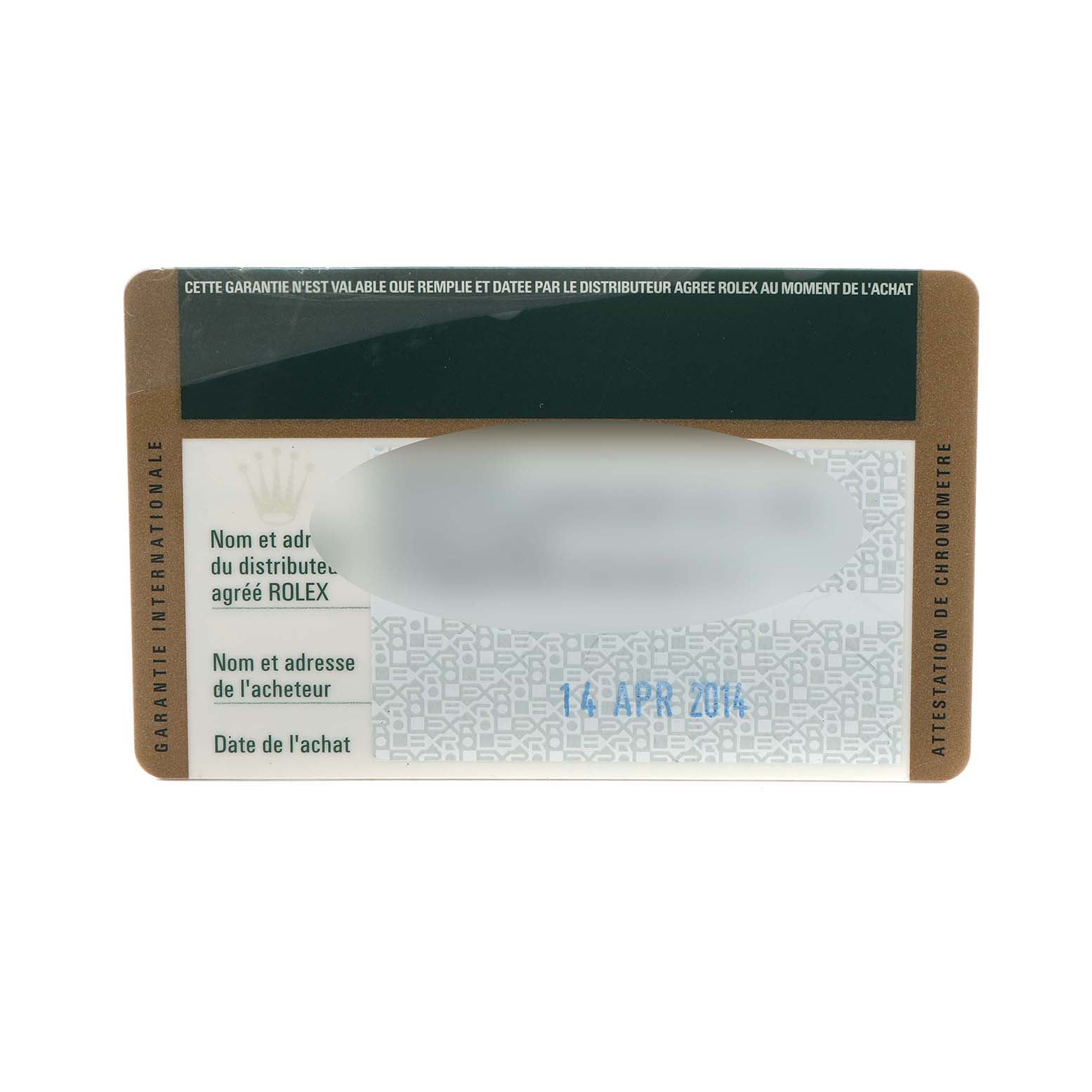 The image shows a Rolex Datejust 179383 Women
s Steel and Gold (two tone) Champagne Dial warranty card with blurred details, viewed from the front.