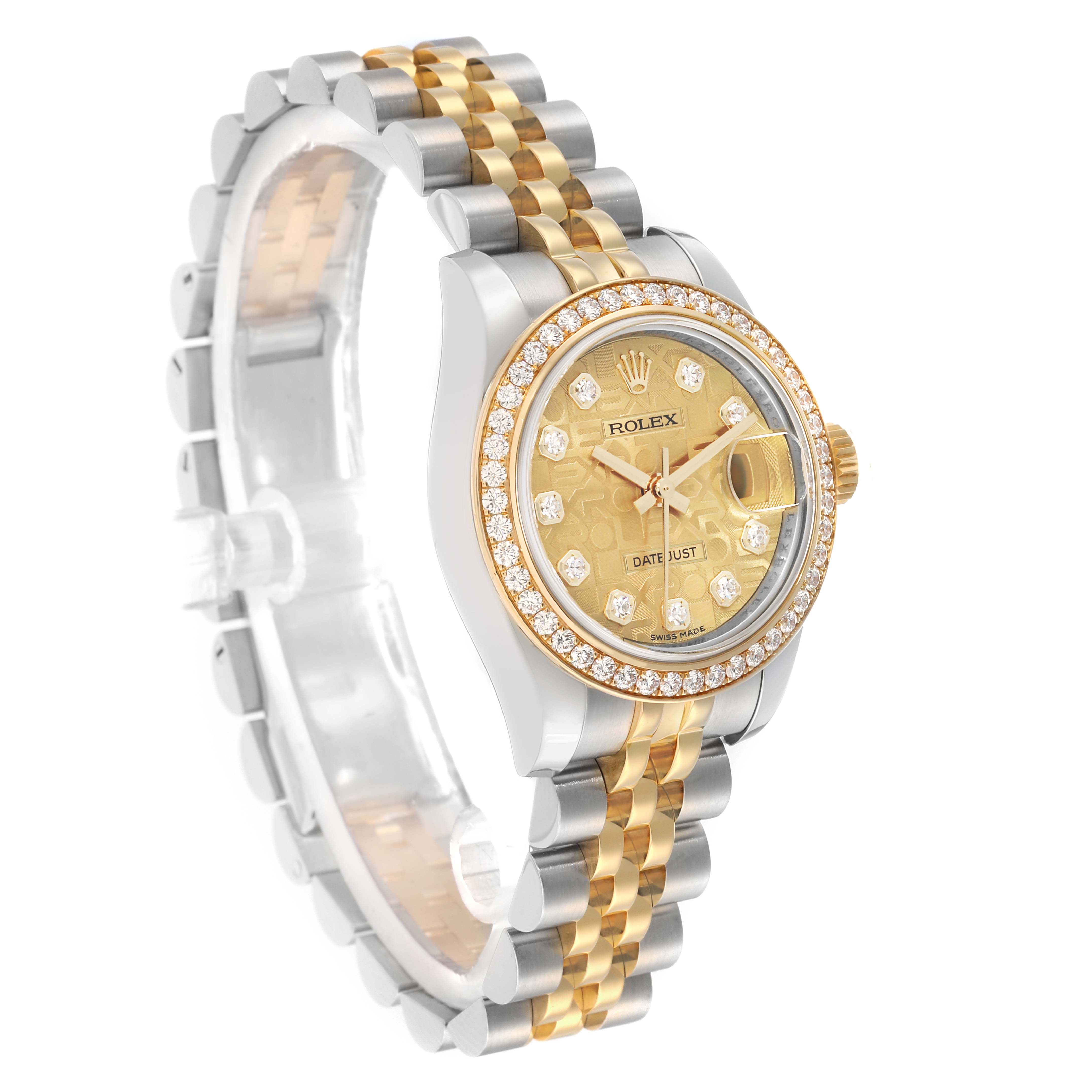 The Rolex Datejust 179383 Women
s Steel and Gold (two tone) Champagne Dial watch is shown at a three-quarter angle, displaying the dial, bezel, and Jubilee bracelet.
