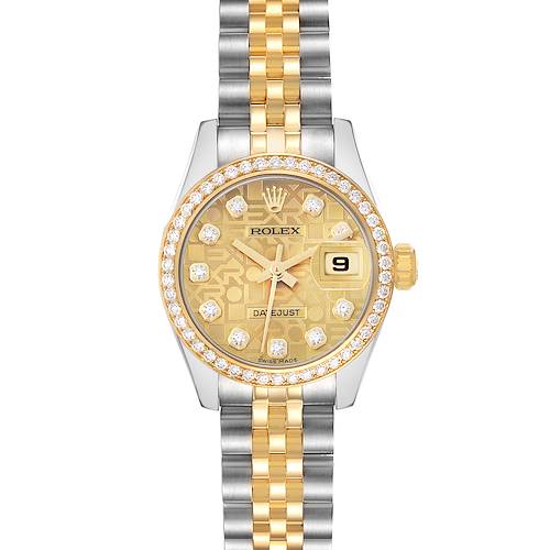 The Rolex Datejust 179383 Women's Steel and Gold (two tone) Champagne Dial watch is shown from the front, displaying its bezel, dial, hands, date window, and two-tone bracelet.