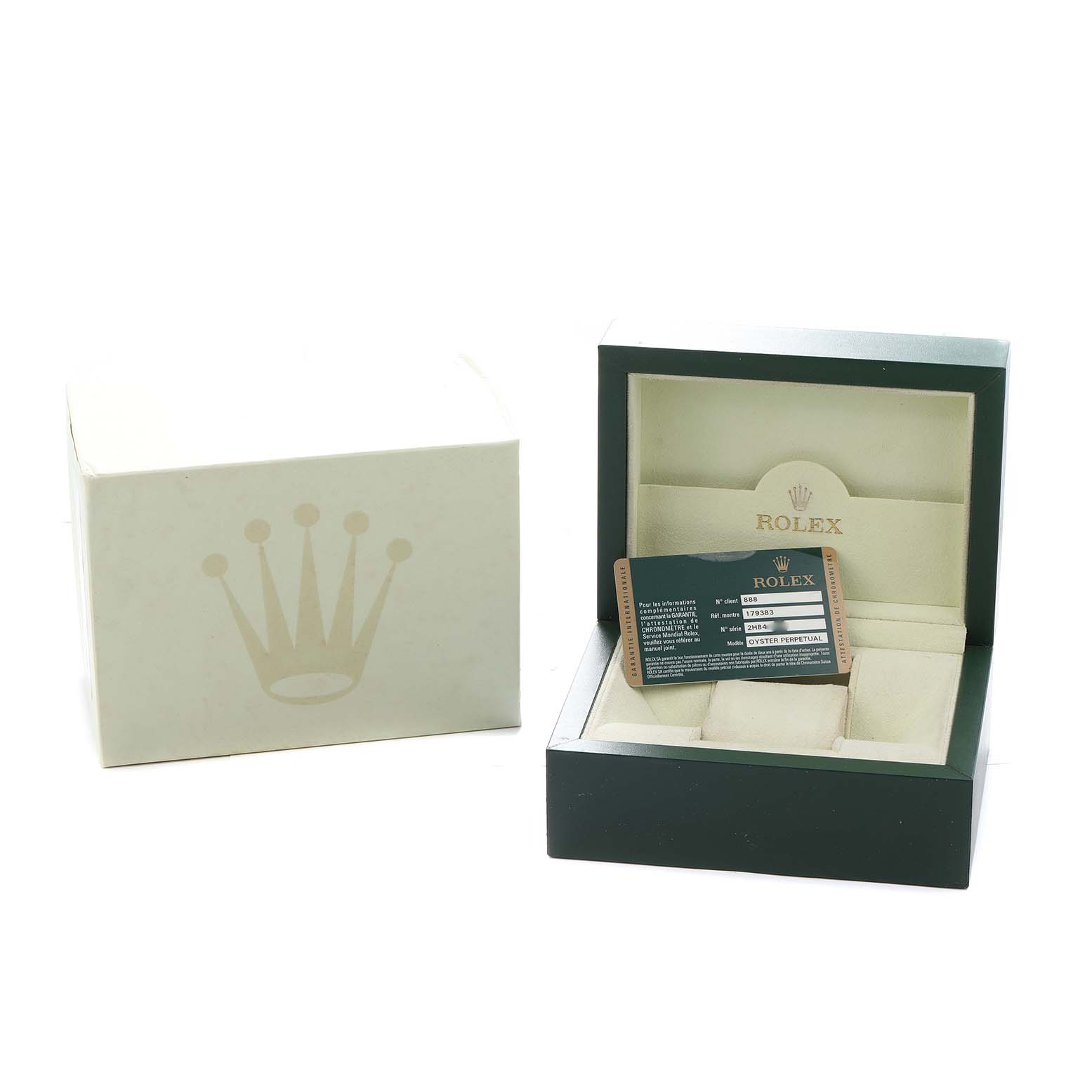 The image shows the packaging of a Rolex Datejust 179383 Women
s Steel and Gold (two tone) Champagne Dial, including the outer box, inner box, and a warranty card placed inside.