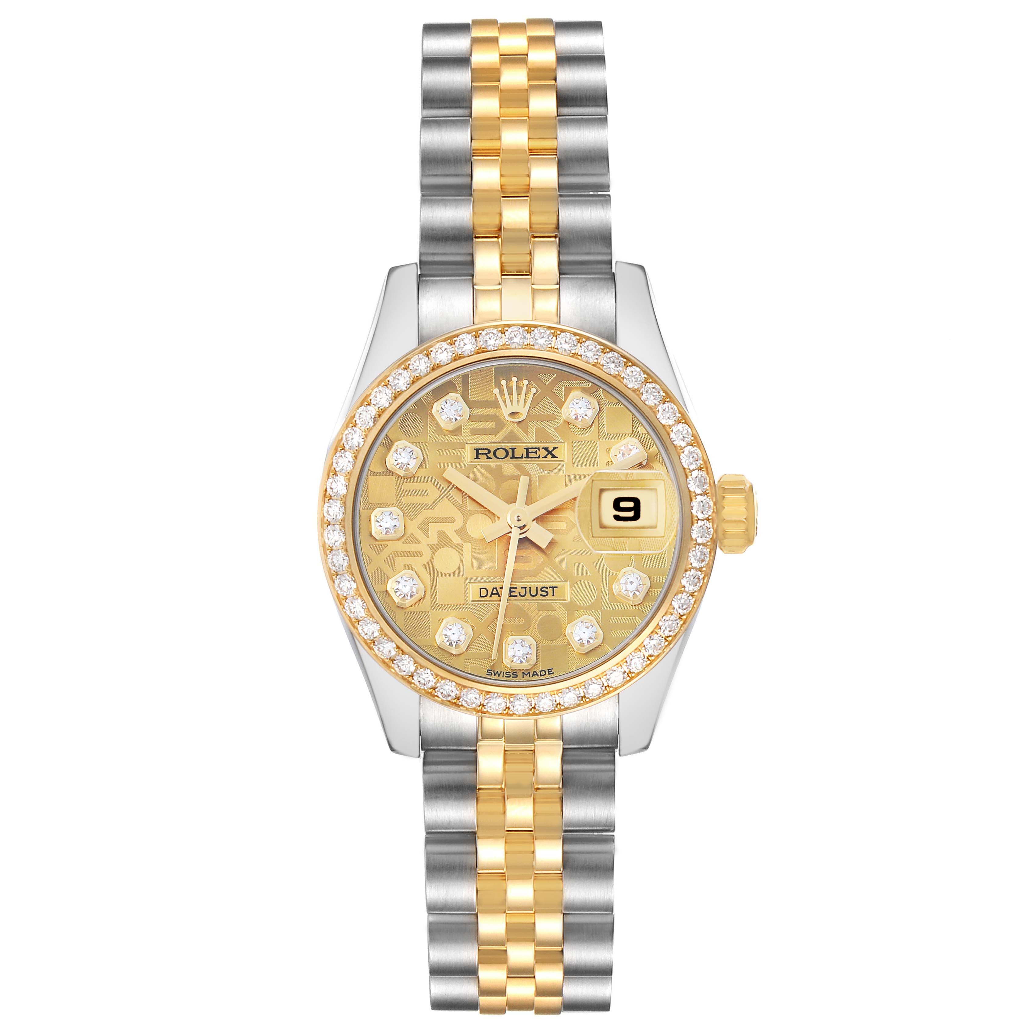 The Rolex Datejust 179383 Women
s Steel and Gold (two tone) Champagne Dial watch is shown from a top-down angle, displaying its face, bezel, and bracelet.