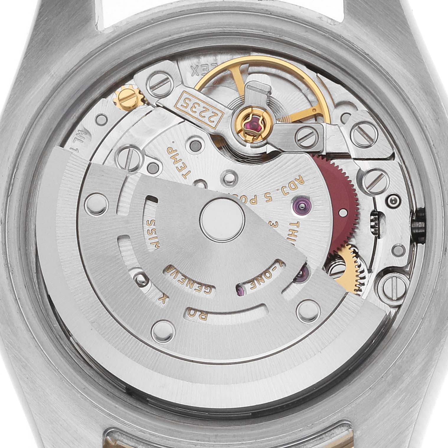 The image shows the movement mechanism of a Rolex Datejust 179383 Women
s Steel and Gold (two tone) Champagne Dial watch from the back.