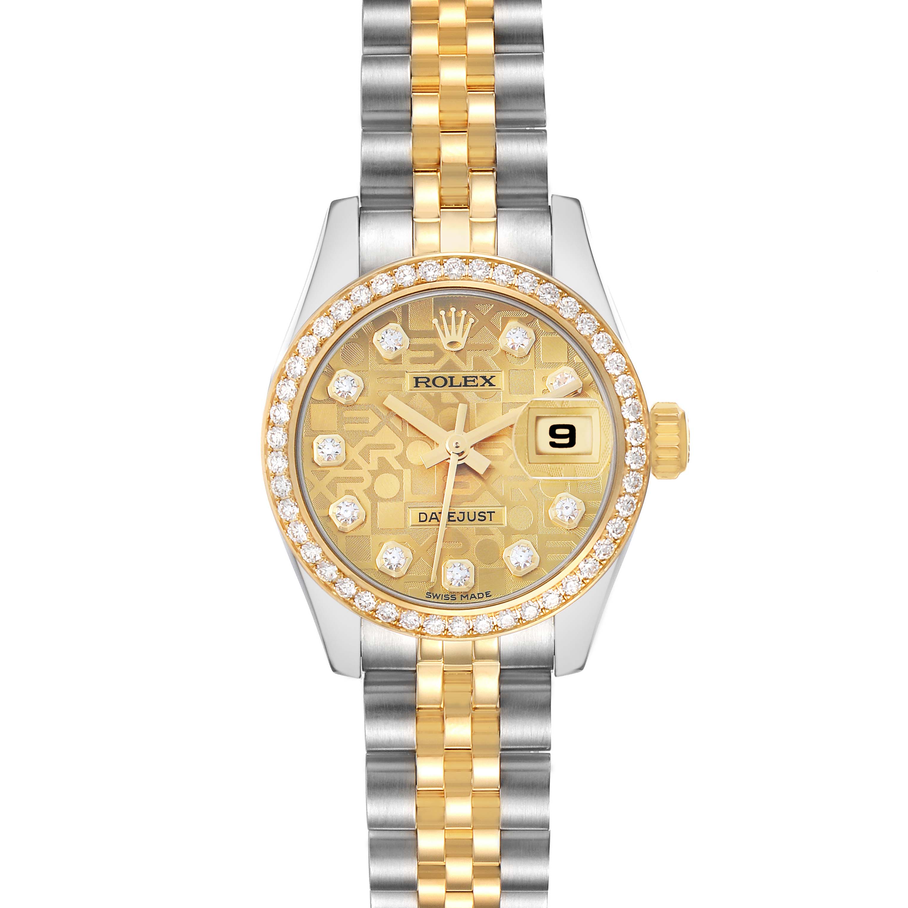 The Rolex Datejust 179383 Women
s Steel and Gold (two tone) Champagne Dial watch is shown from a frontal angle, highlighting its diamond-bezel, gold dial, and two-tone bracelet.