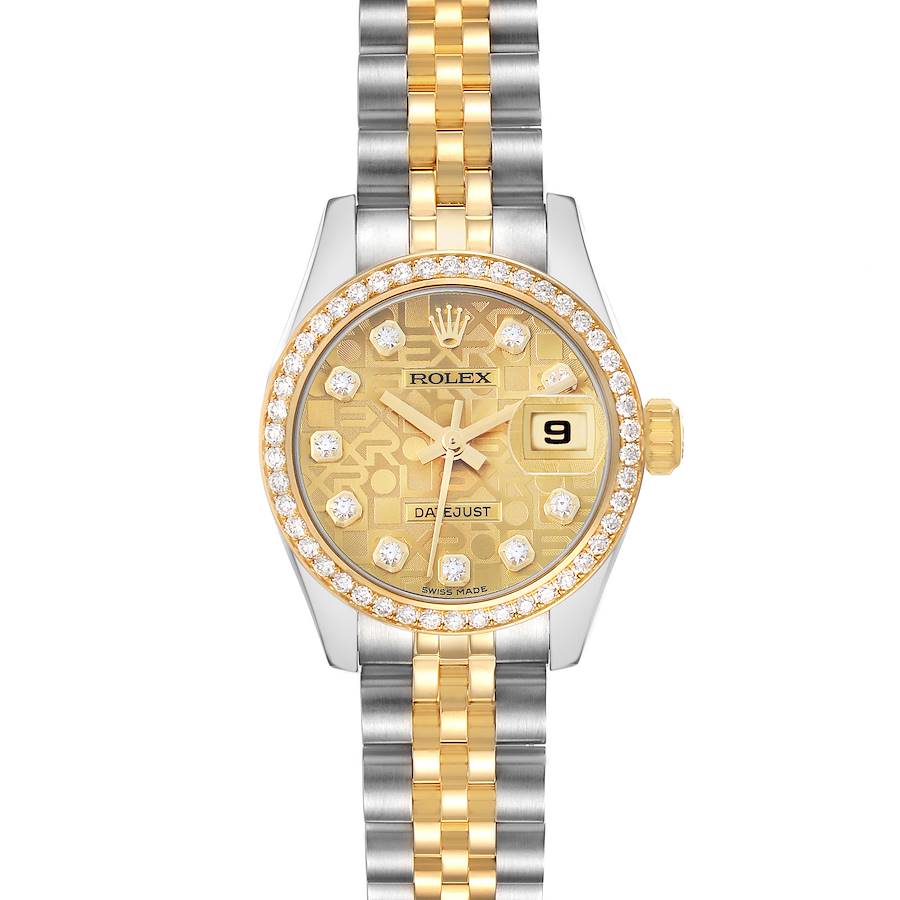 The Rolex Datejust 179383 Women's Steel and Gold (two tone) Champagne Dial watch is shown from a frontal angle, highlighting its diamond-bezel, gold dial, and two-tone bracelet.