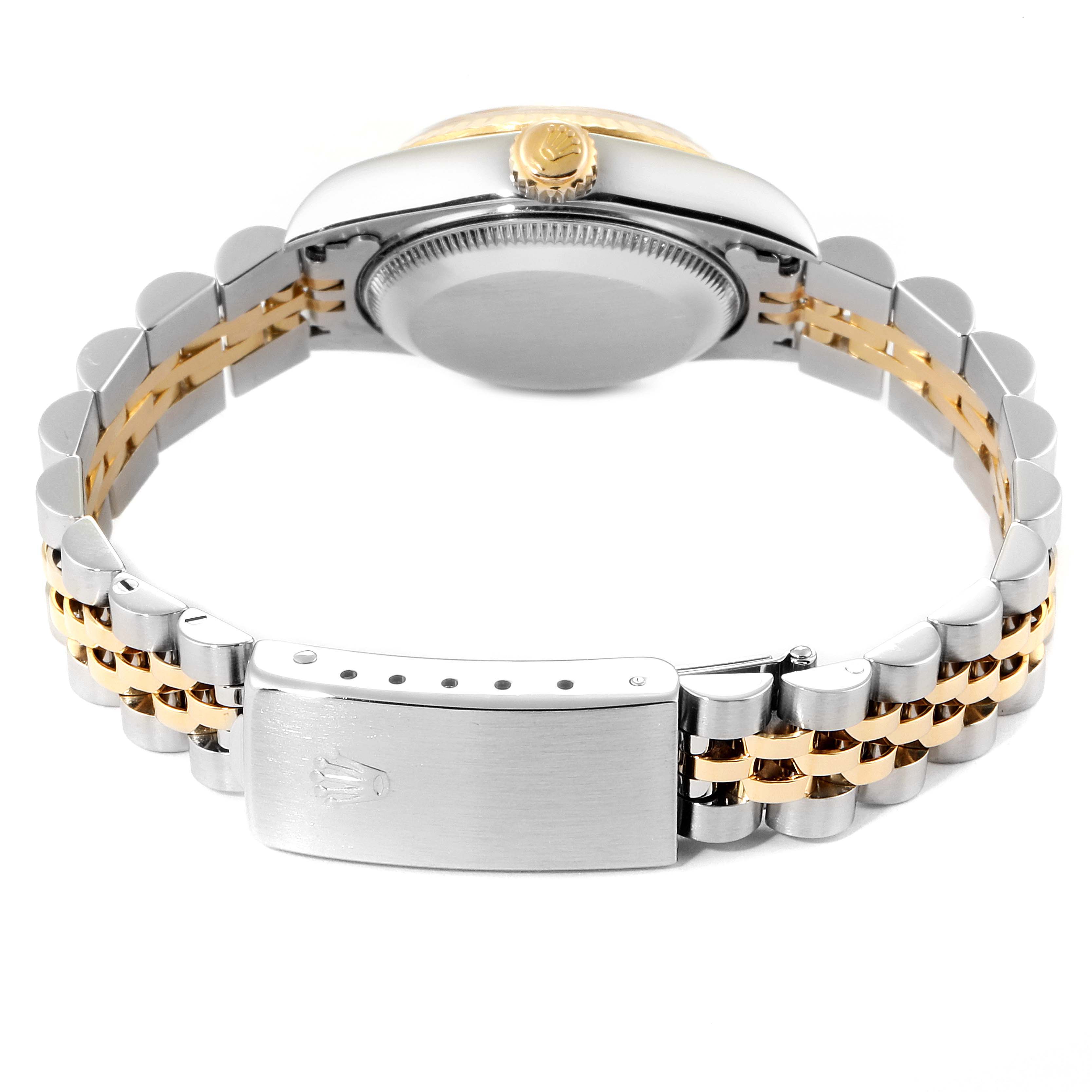 The image shows the back case and bracelet of a Rolex Datejust 79173 Women's Yellow Gold Mother of Pearl Dial 79173 Women's Yellow Gold Mother of Pearl Dial watch, including the clasp and crown.