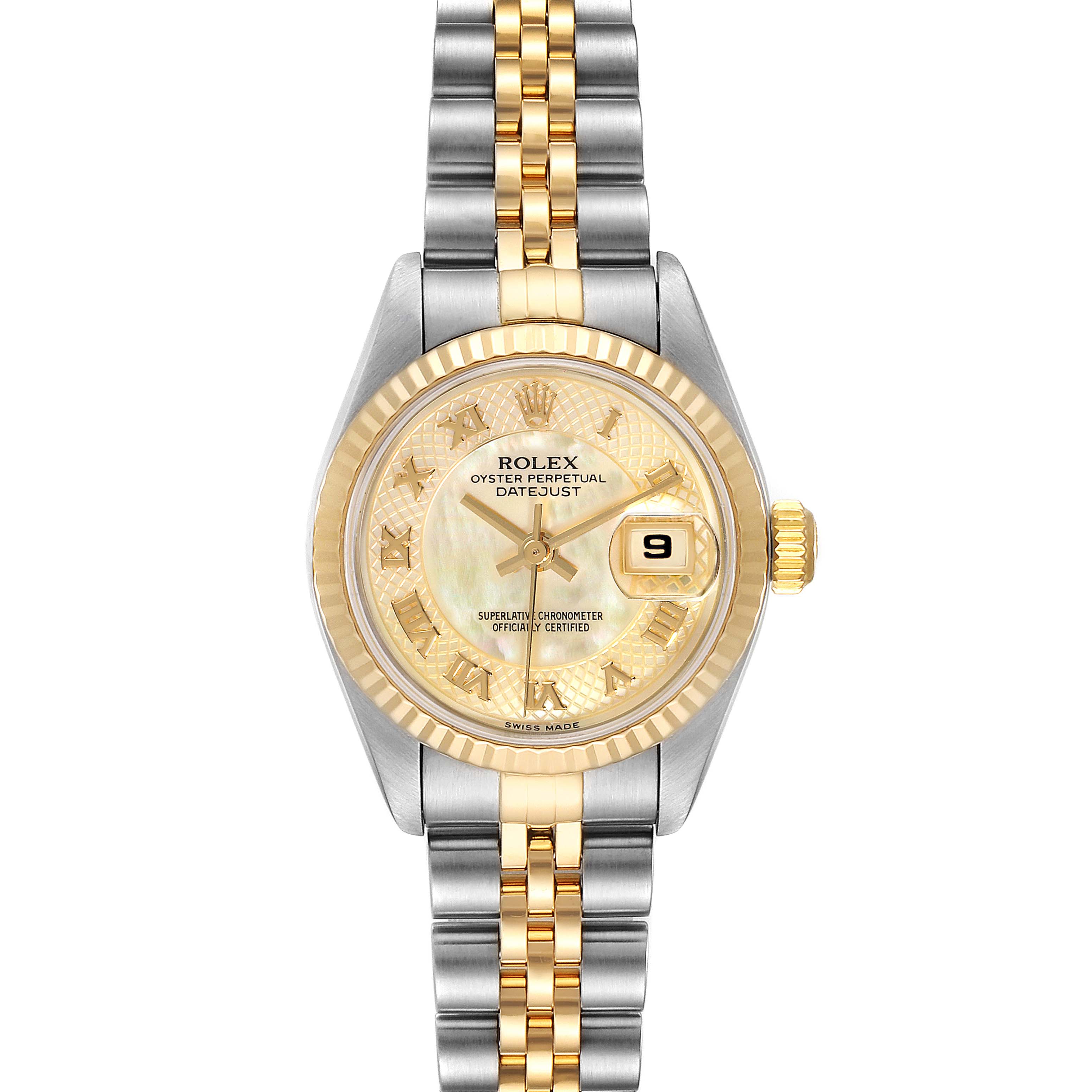 This image shows a Rolex Datejust 79173 Women's Yellow Gold Mother of Pearl Dial 79173 Women's Yellow Gold Mother of Pearl Dial watch from a front view, highlighting the dial, bezel, and bracelet.