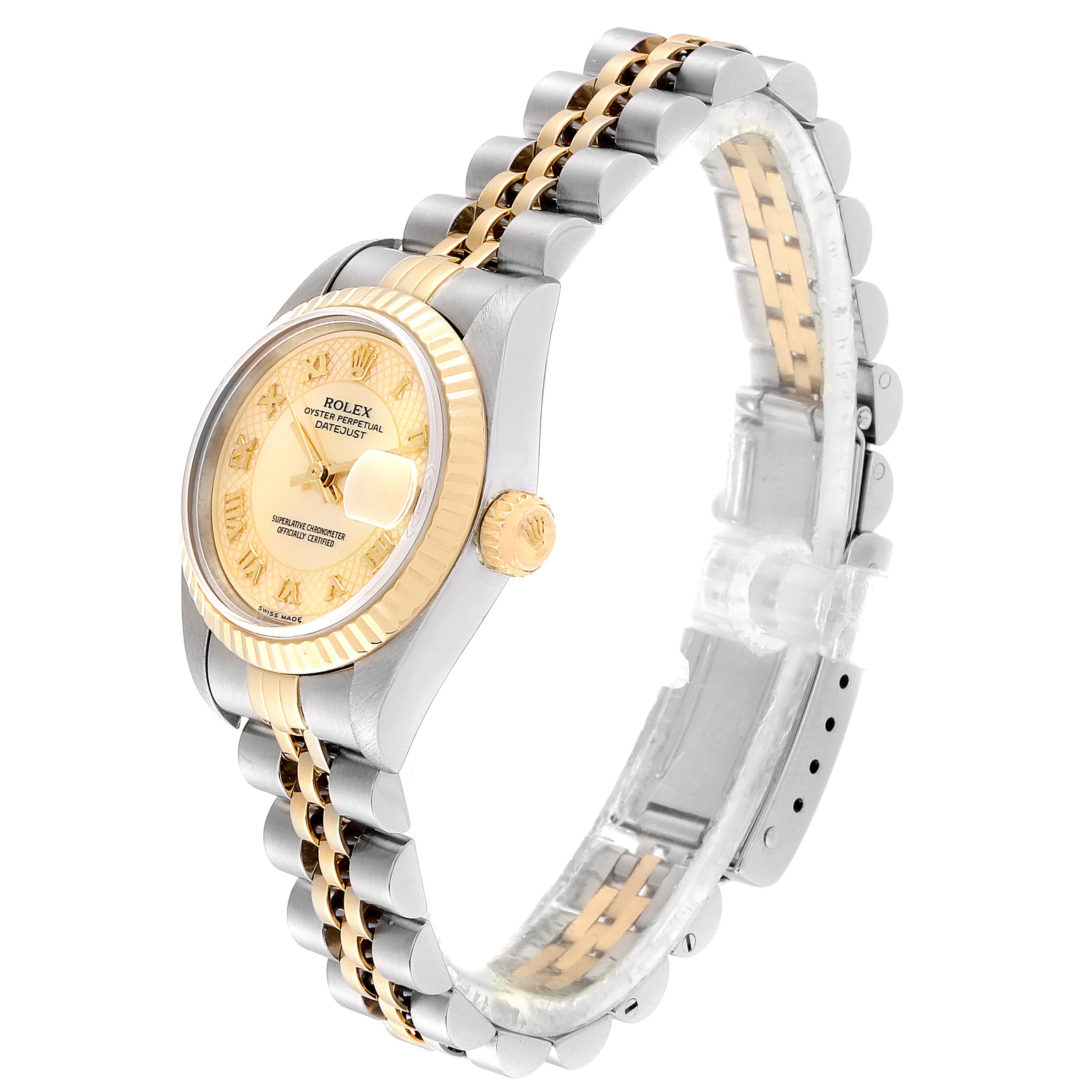 The image shows a side view of the Rolex Datejust 79173 Women's Yellow Gold Mother of Pearl Dial 79173 Women's Yellow Gold Mother of Pearl Dial, highlighting its dial, bezel, crown, and two-tone bracelet.