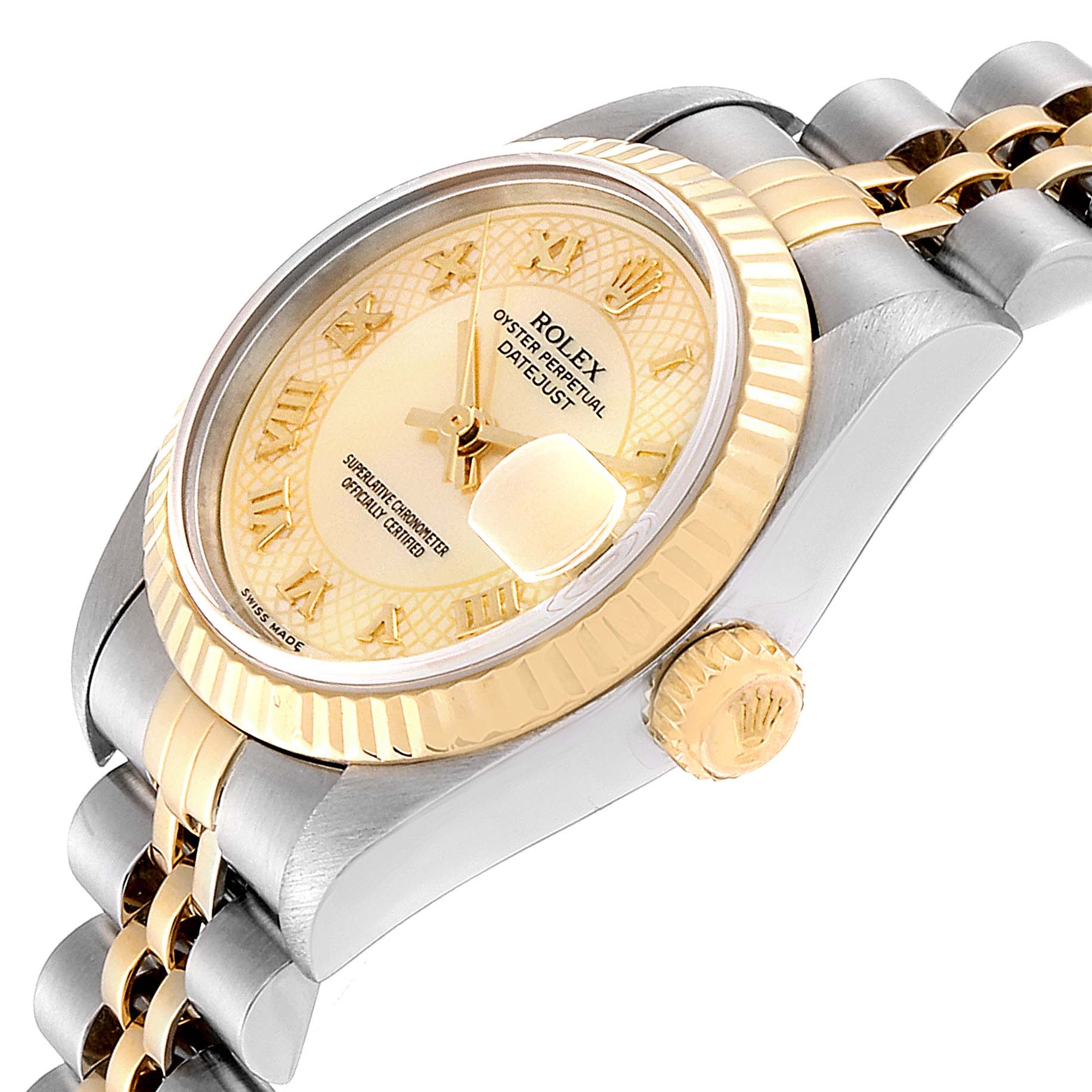 The image shows a close-up angle of a Rolex Datejust 79173 Women's Yellow Gold Mother of Pearl Dial 79173 Women's Yellow Gold Mother of Pearl Dial watch, highlighting its dial, crown, and part of the bracelet.
