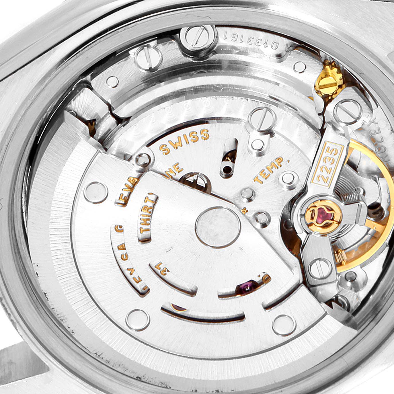 The image shows the internal movement mechanism of a Rolex Datejust 79173 Women's Yellow Gold Mother of Pearl Dial 79173 Women's Yellow Gold Mother of Pearl Dial watch from a close-up angle.