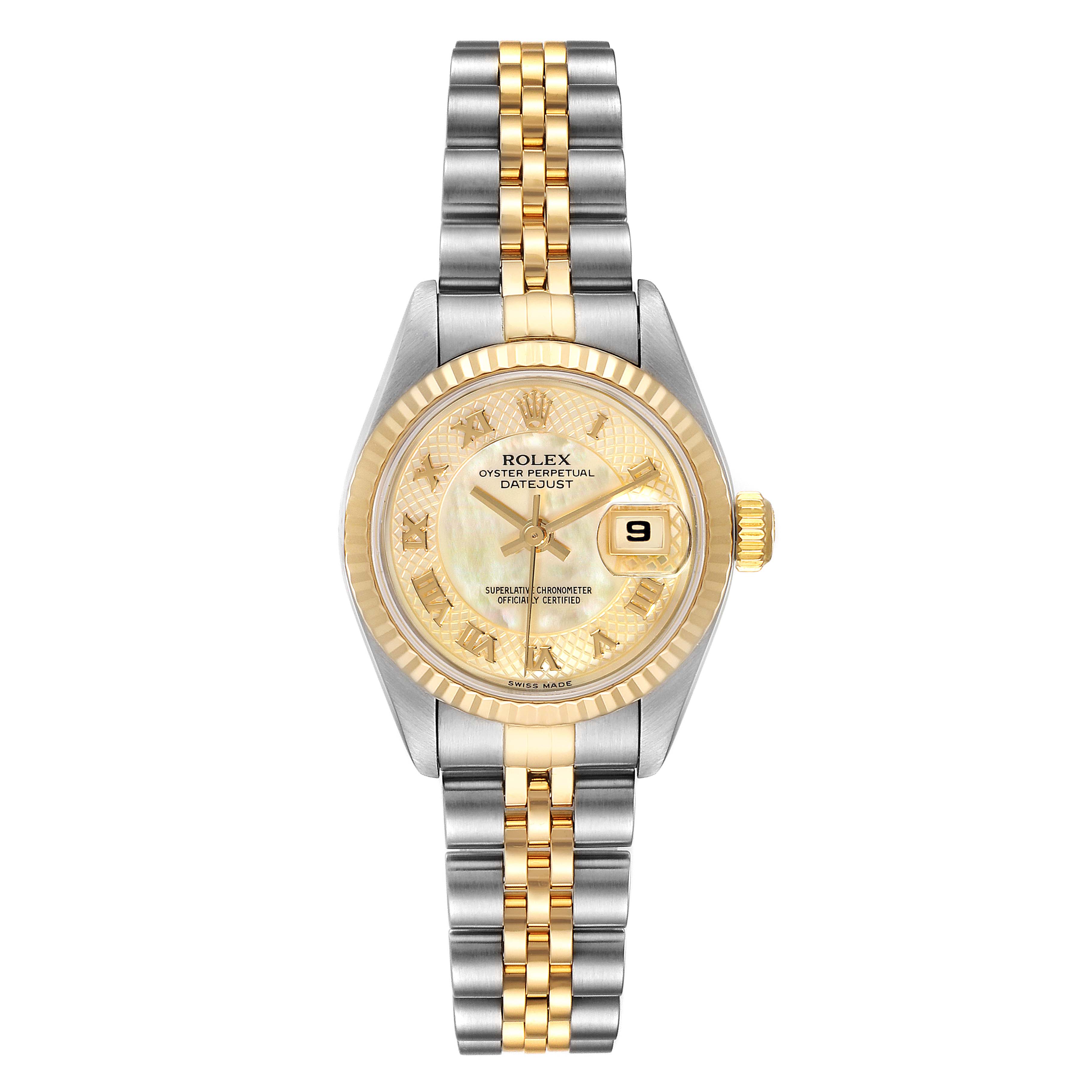 The image shows a Rolex Datejust 79173 Women's Yellow Gold Mother of Pearl Dial 79173 Women's Yellow Gold Mother of Pearl Dial watch from a front angle, highlighting its bicolor bracelet, dial, bezel, and date display.
