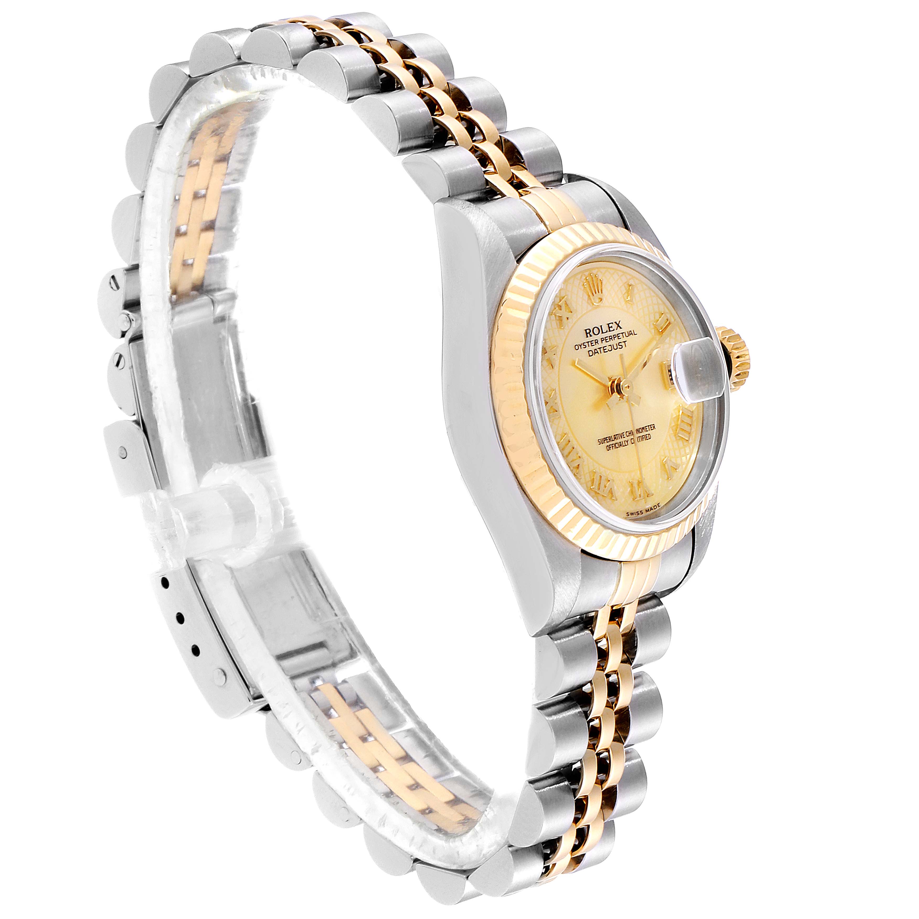 The image shows a side angle of a Rolex Datejust 79173 Women's Yellow Gold Mother of Pearl Dial 79173 Women's Yellow Gold Mother of Pearl Dial watch, highlighting its case, bezel, dial, and bracelet.