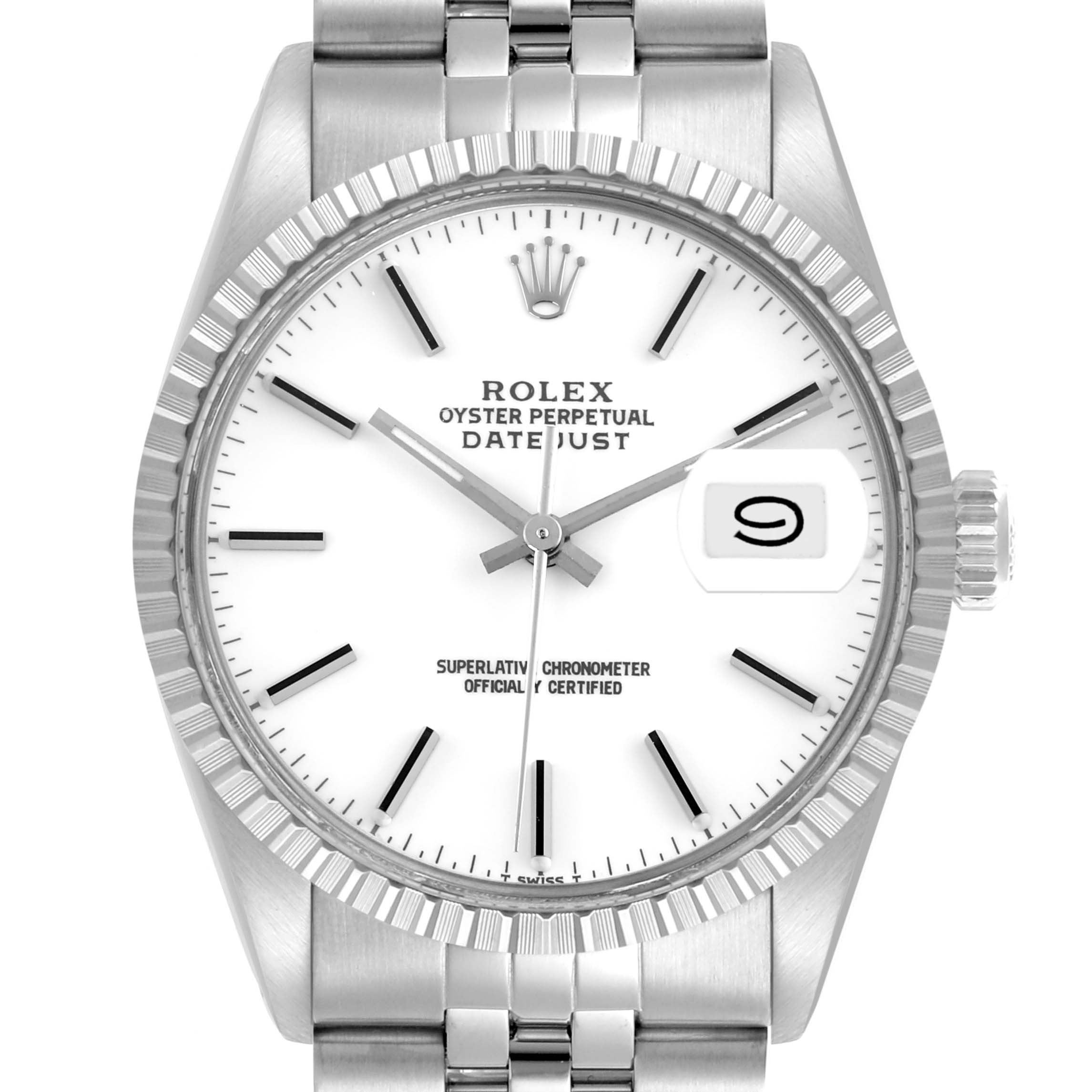 The Rolex Vintage Collection 16030 Men's Stainless Steel White Dial 16030 Men's Stainless Steel White Dial model is shown from a top view, displaying the face, bezel, and part of the bracelet.