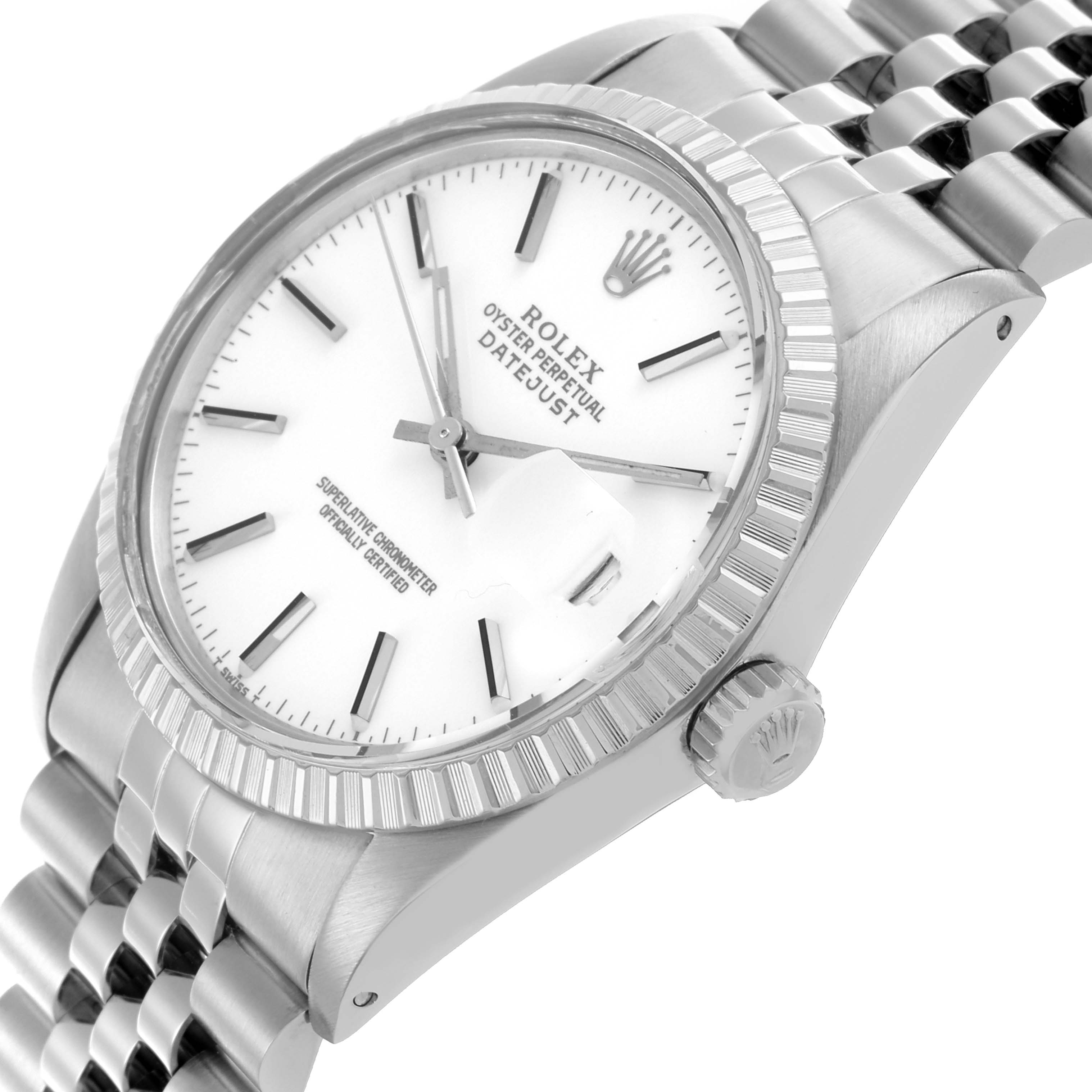 The Rolex Vintage Collection 16030 Men's Stainless Steel White Dial 16030 Men's Stainless Steel White Dial model Datejust is shown at an angled close-up, highlighting the face, bezel, crown, and bracelet.