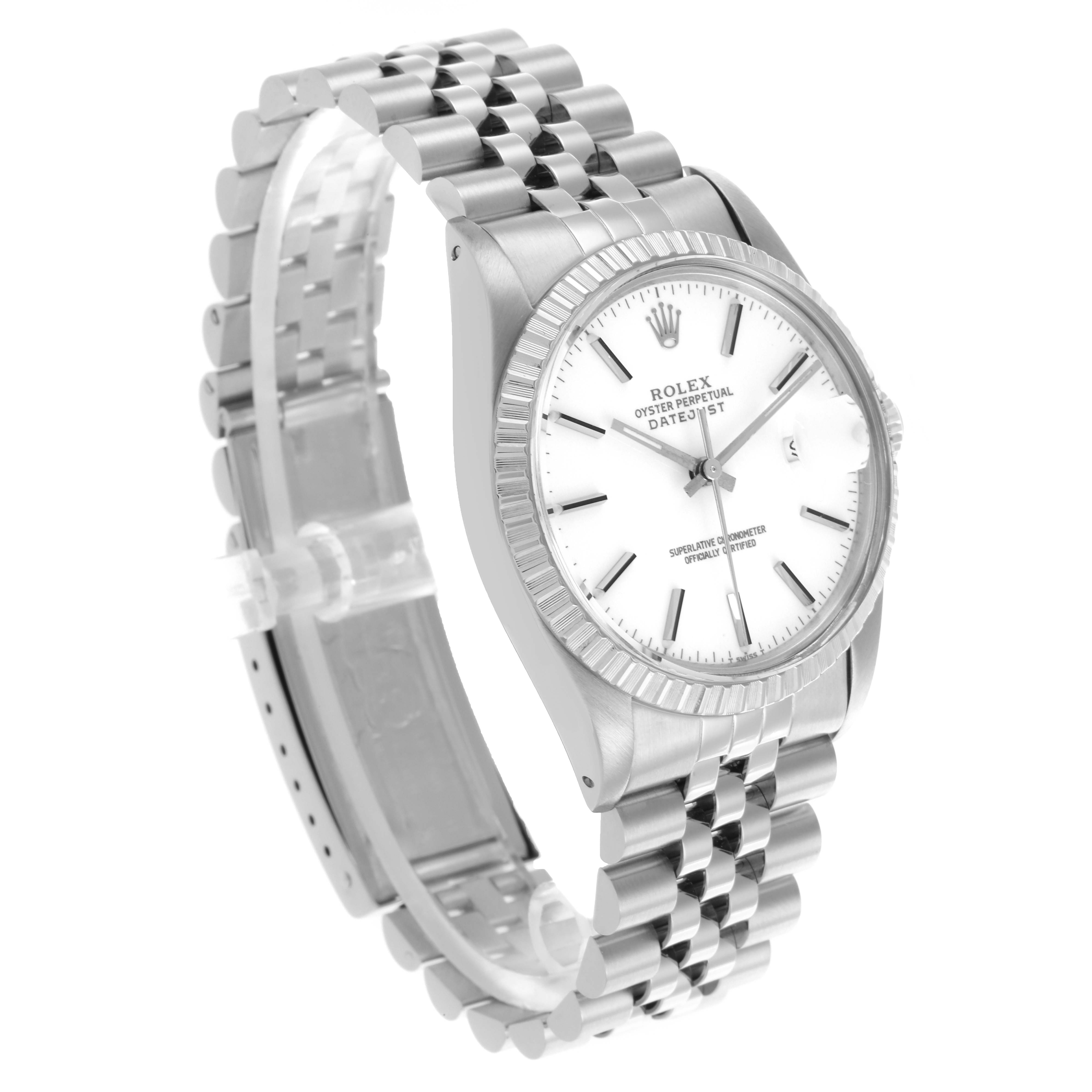 The Rolex Vintage Collection 16030 Men's Stainless Steel White Dial 16030 Men's Stainless Steel White Dial watch is shown at a three-quarter angle, highlighting its face, bezel, and Jubilee bracelet.