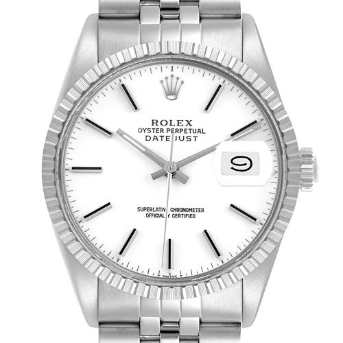 The Rolex Vintage Collection model is shown from a front angle, highlighting the dial, hands, date window, and bezel.