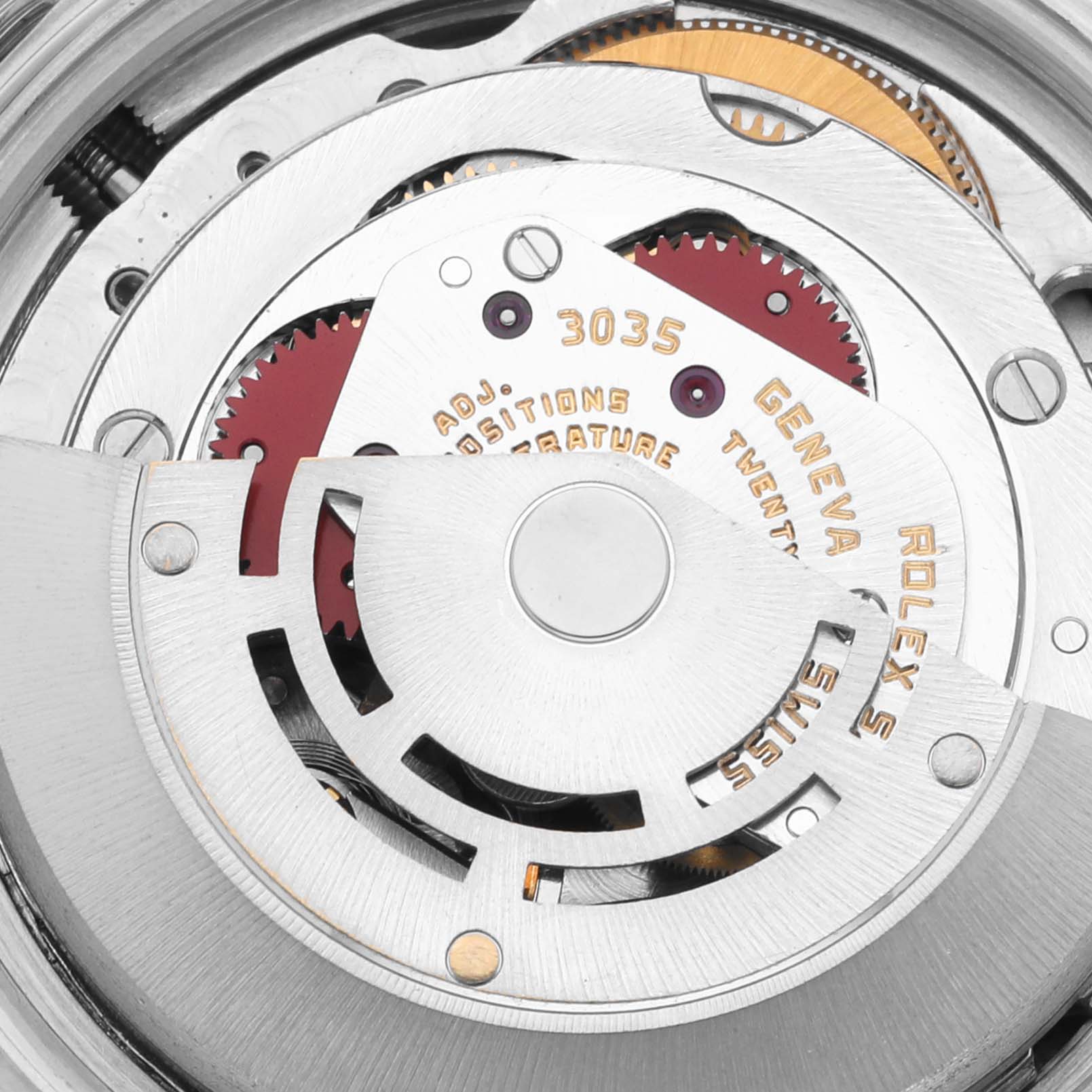The image shows an overhead view of the movement inside a Rolex Vintage Collection 16030 Men's Stainless Steel White Dial 16030 Men's Stainless Steel White Dial model.
