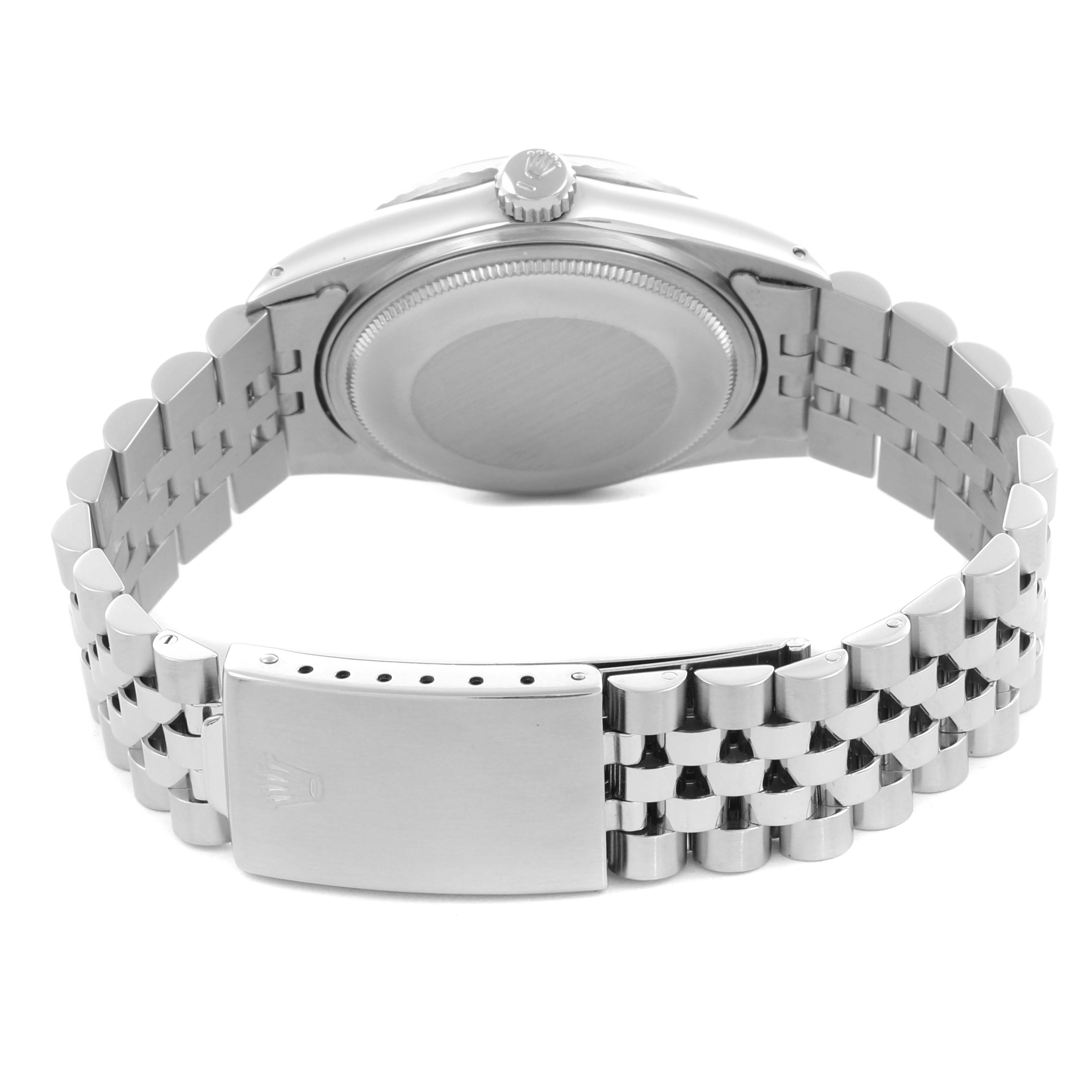 The image shows the back case and bracelet of a Rolex Vintage Collection 16030 Men's Stainless Steel White Dial 16030 Men's Stainless Steel White Dial watch, featuring a Jubilee bracelet.