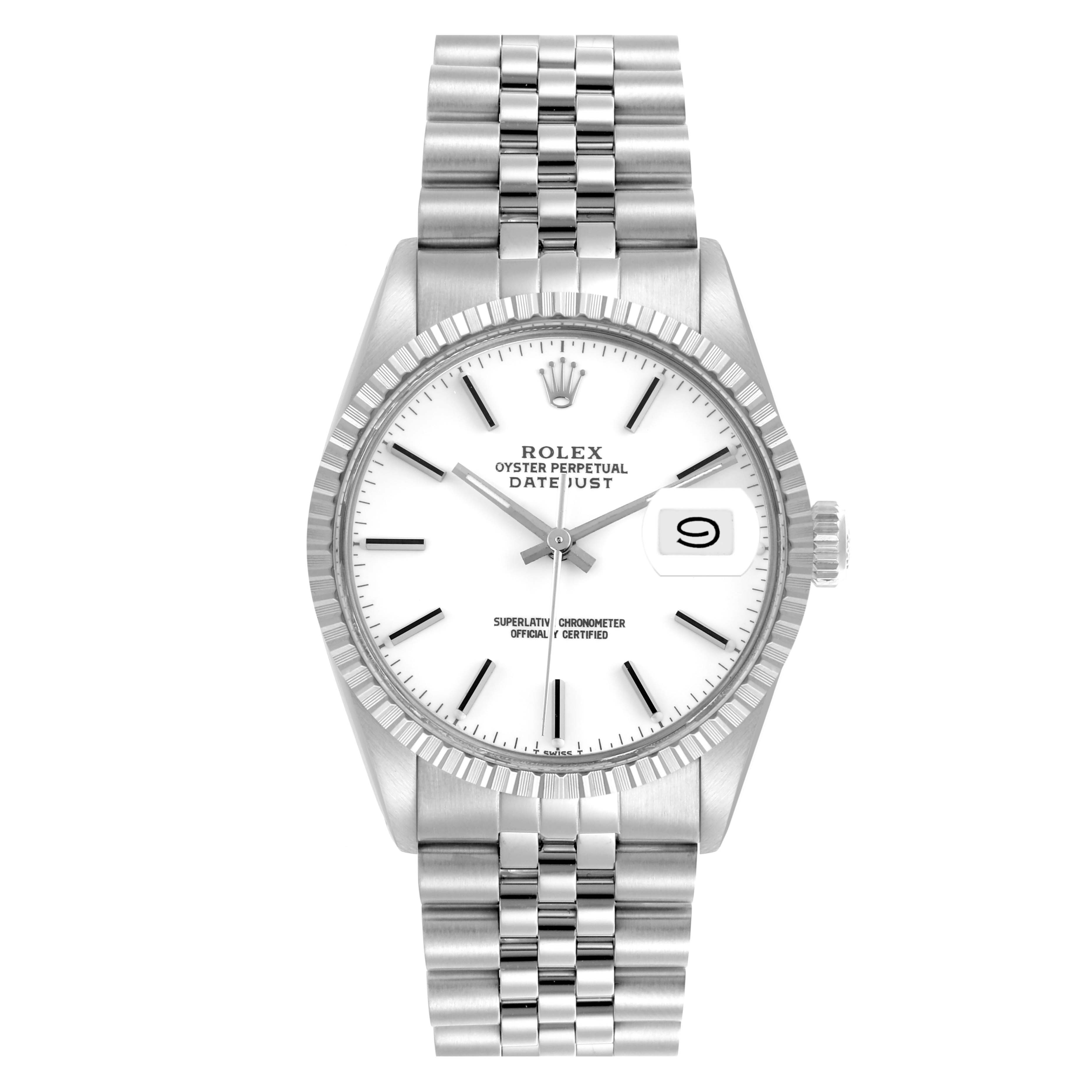 The Rolex Vintage Collection 16030 Men's Stainless Steel White Dial 16030 Men's Stainless Steel White Dial model is shown from the front, displaying the watch face, bracelet, bezel, and crown.