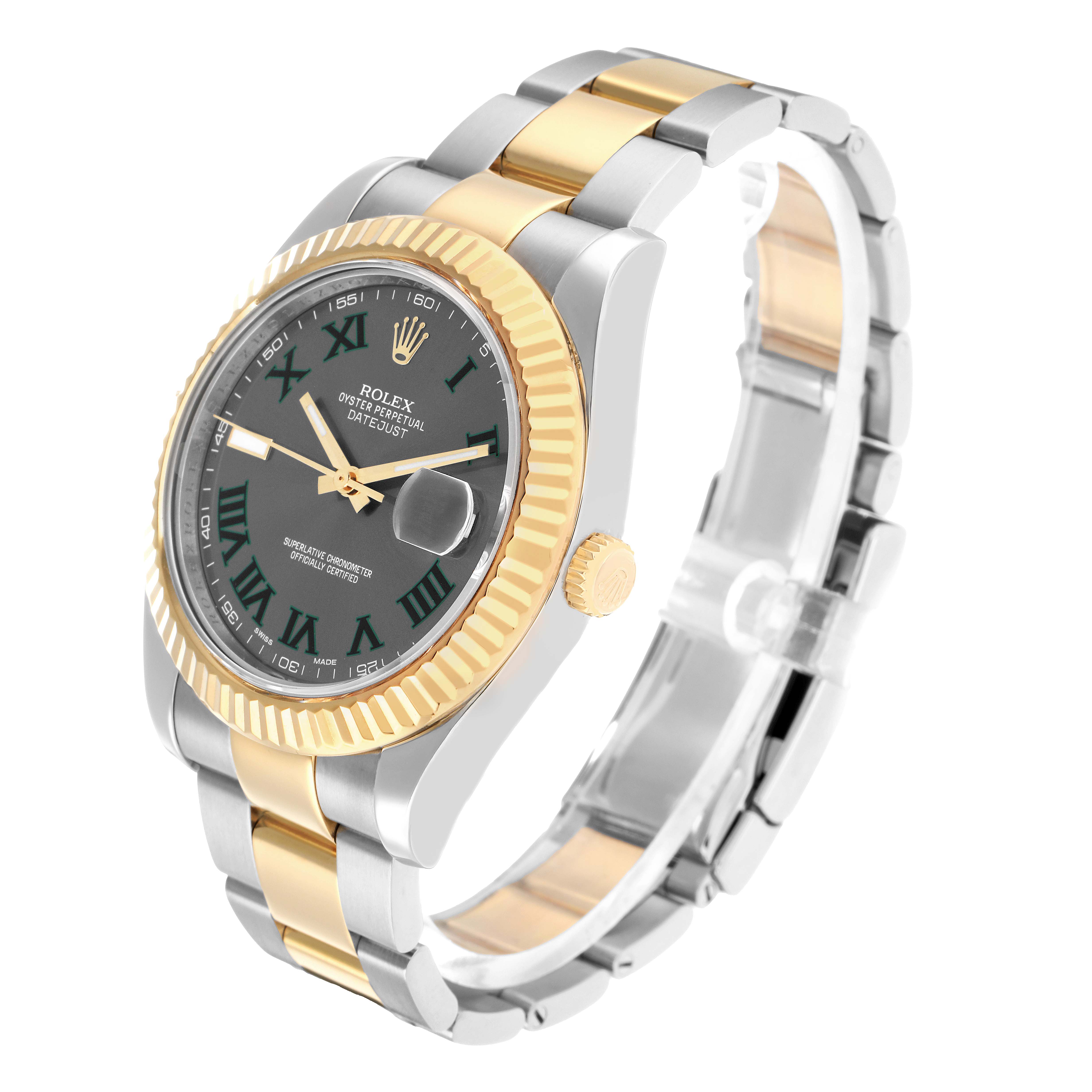 The Rolex Datejust 41 116333 Men
s Steel and Gold (two tone) Silver Dial is shown at a three-quarter angle, highlighting the bezel, dial, hands, case, and bracelet.