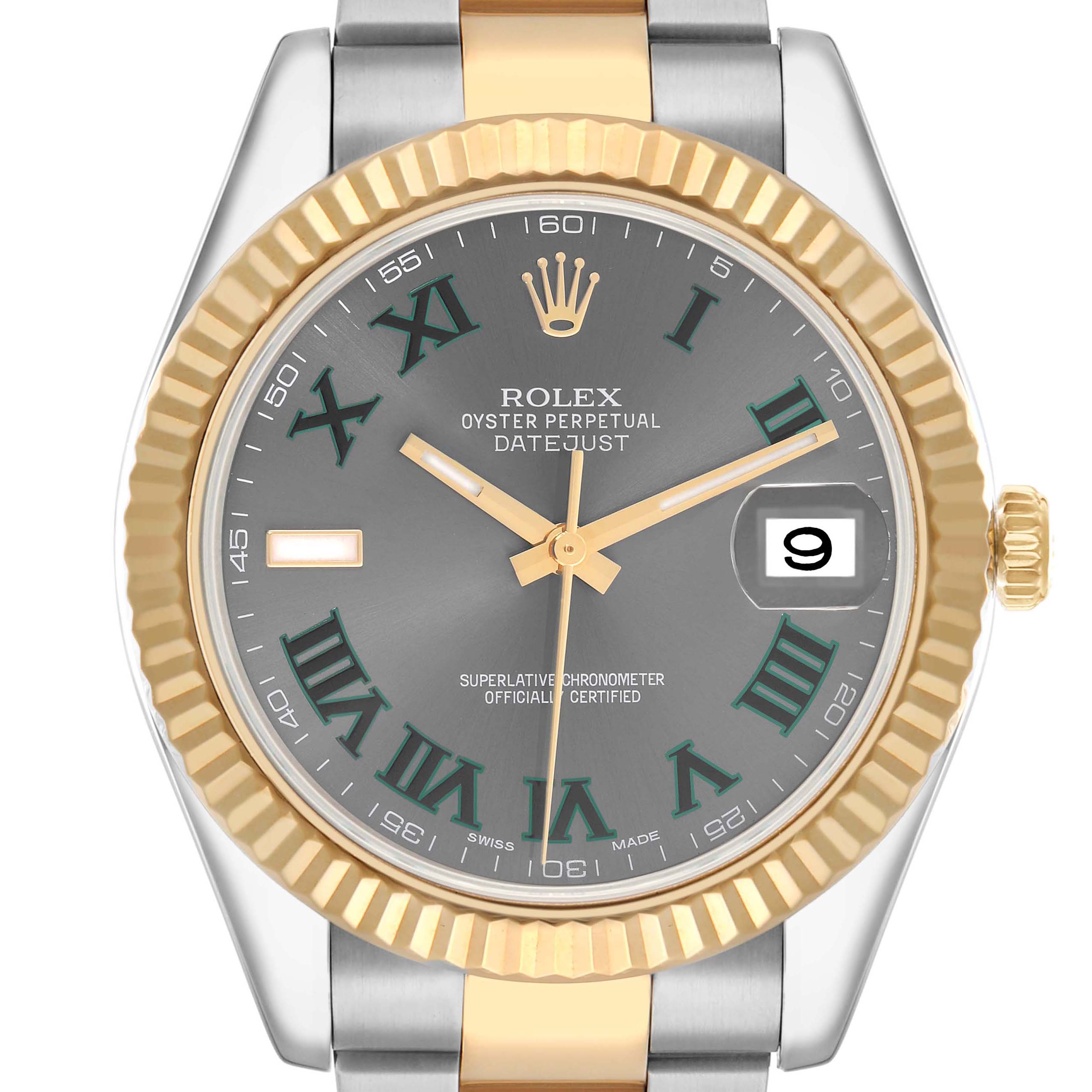 The image shows a frontal view of the Rolex Datejust 41 116333 Men
s Steel and Gold (two tone) Silver Dial, highlighting the bezel, dial, crown, and bracelet links.