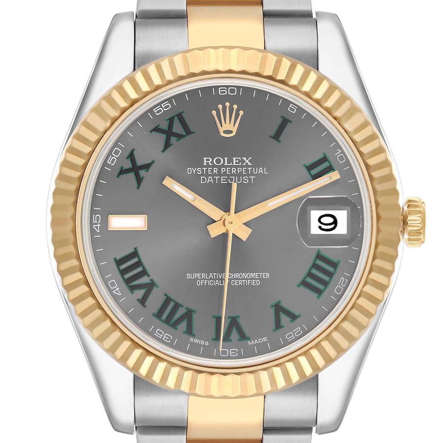 The image shows a frontal view of the Rolex Datejust 41 116333 Men's Steel and Gold (two tone) Silver Dial, highlighting the bezel, dial, crown, and bracelet links.
