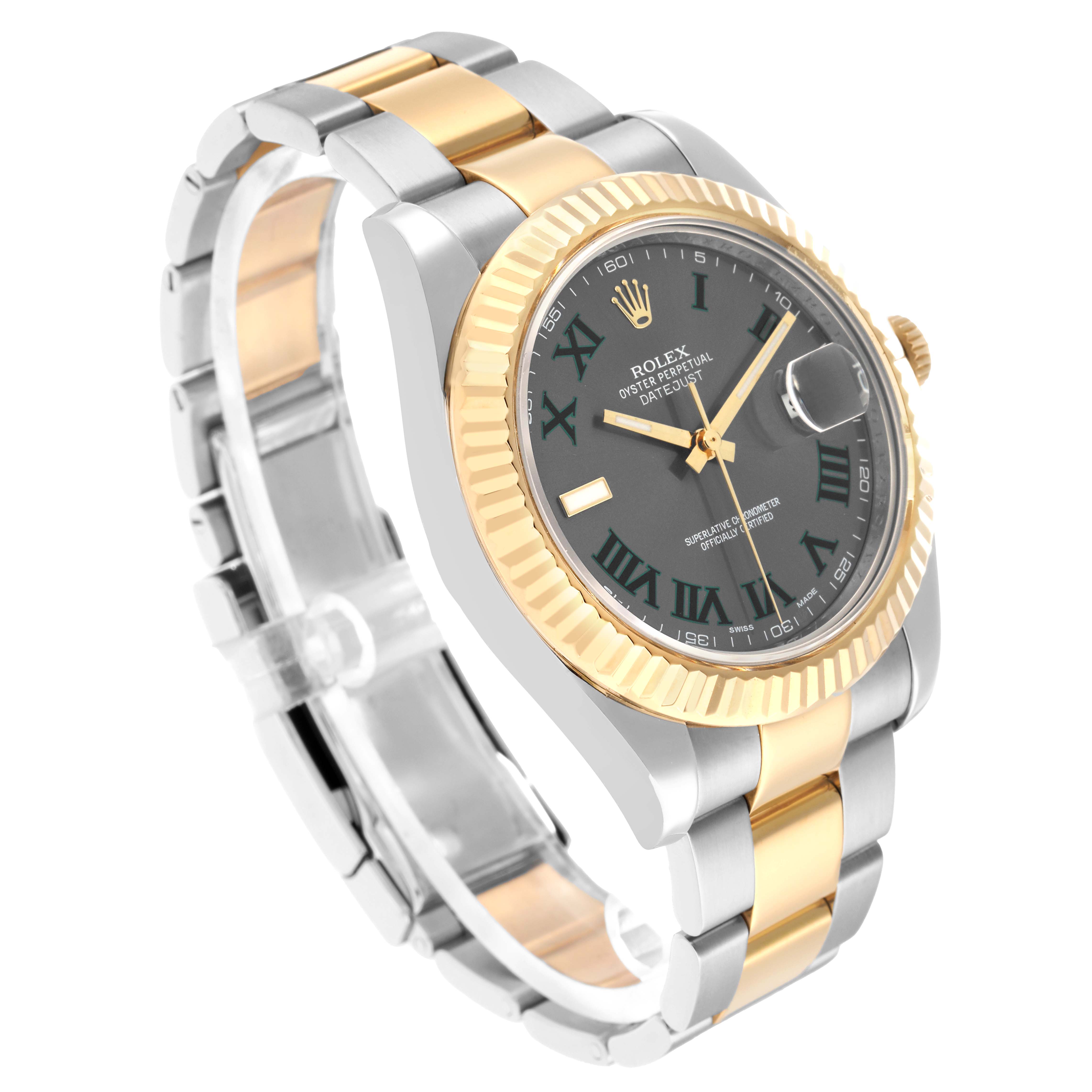 The Rolex Datejust 41 116333 Men
s Steel and Gold (two tone) Silver Dial is shown at an elevated angle, highlighting the two-tone bracelet, fluted bezel, and black dial.