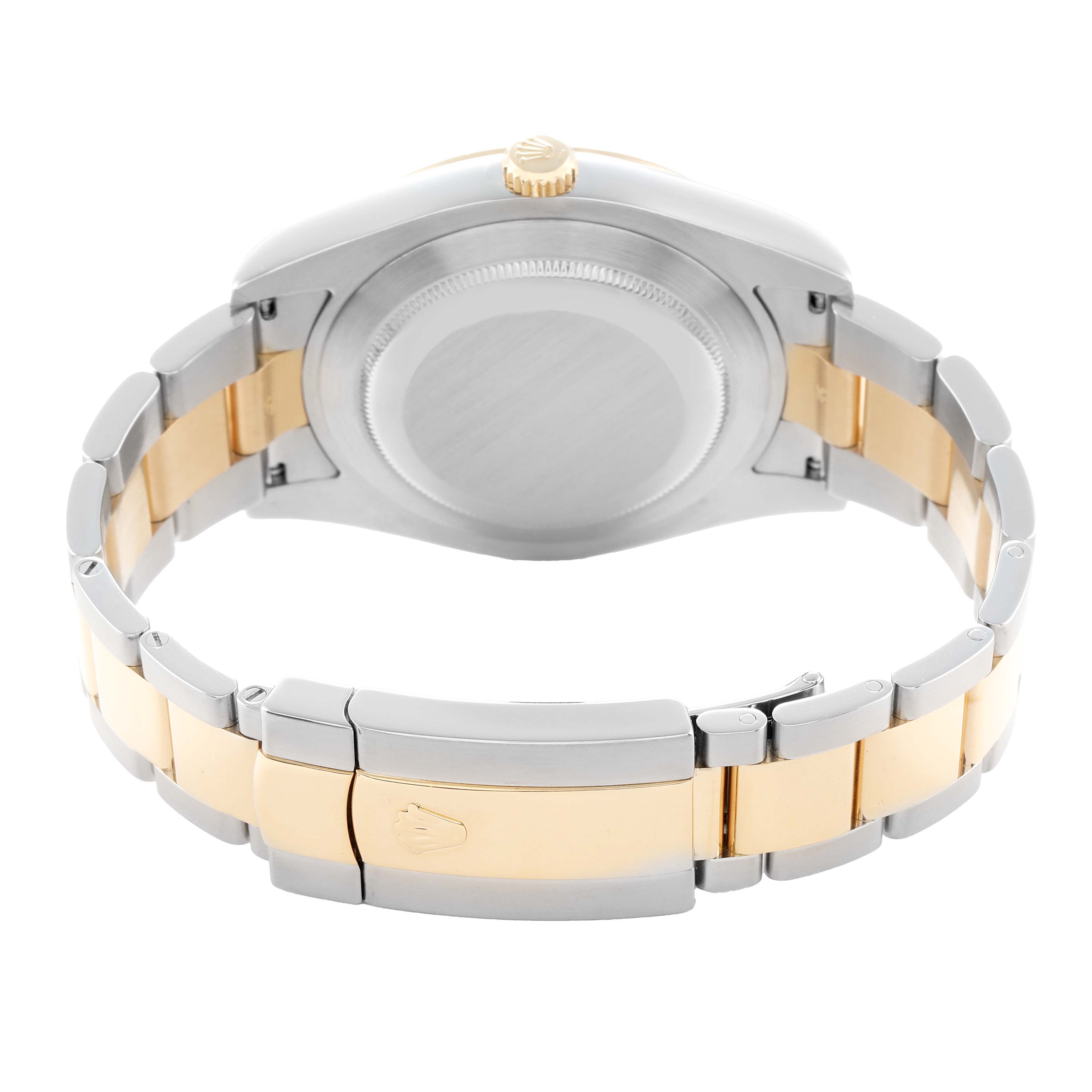 The image shows the back view of a Rolex Datejust 41 116333 Men
s Steel and Gold (two tone) Silver Dial, highlighting the case back and two-tone bracelet with clasp.