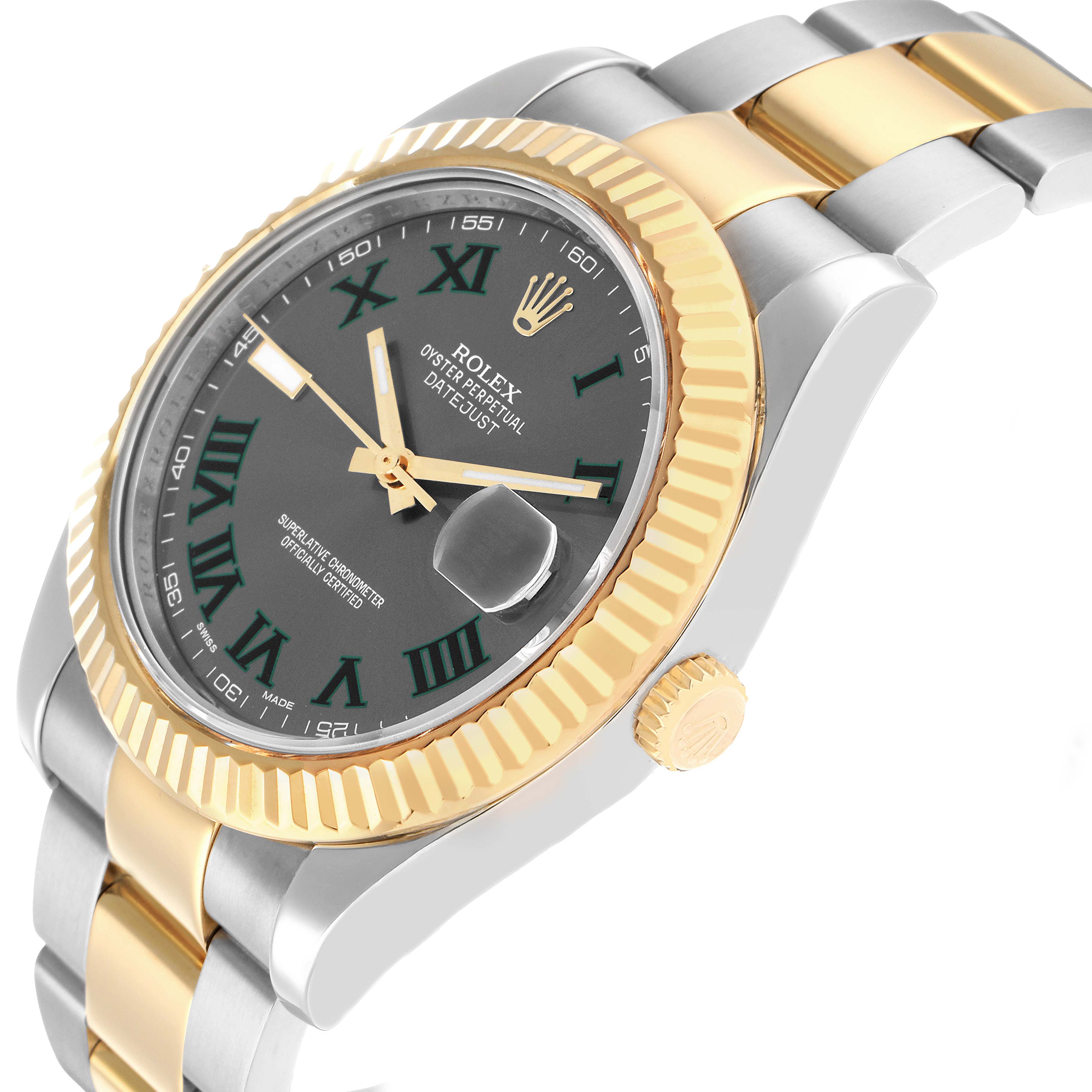 The Rolex Datejust 41 116333 Men
s Steel and Gold (two tone) Silver Dial is shown at an angle highlighting the dial, fluted bezel, and part of the bracelet.