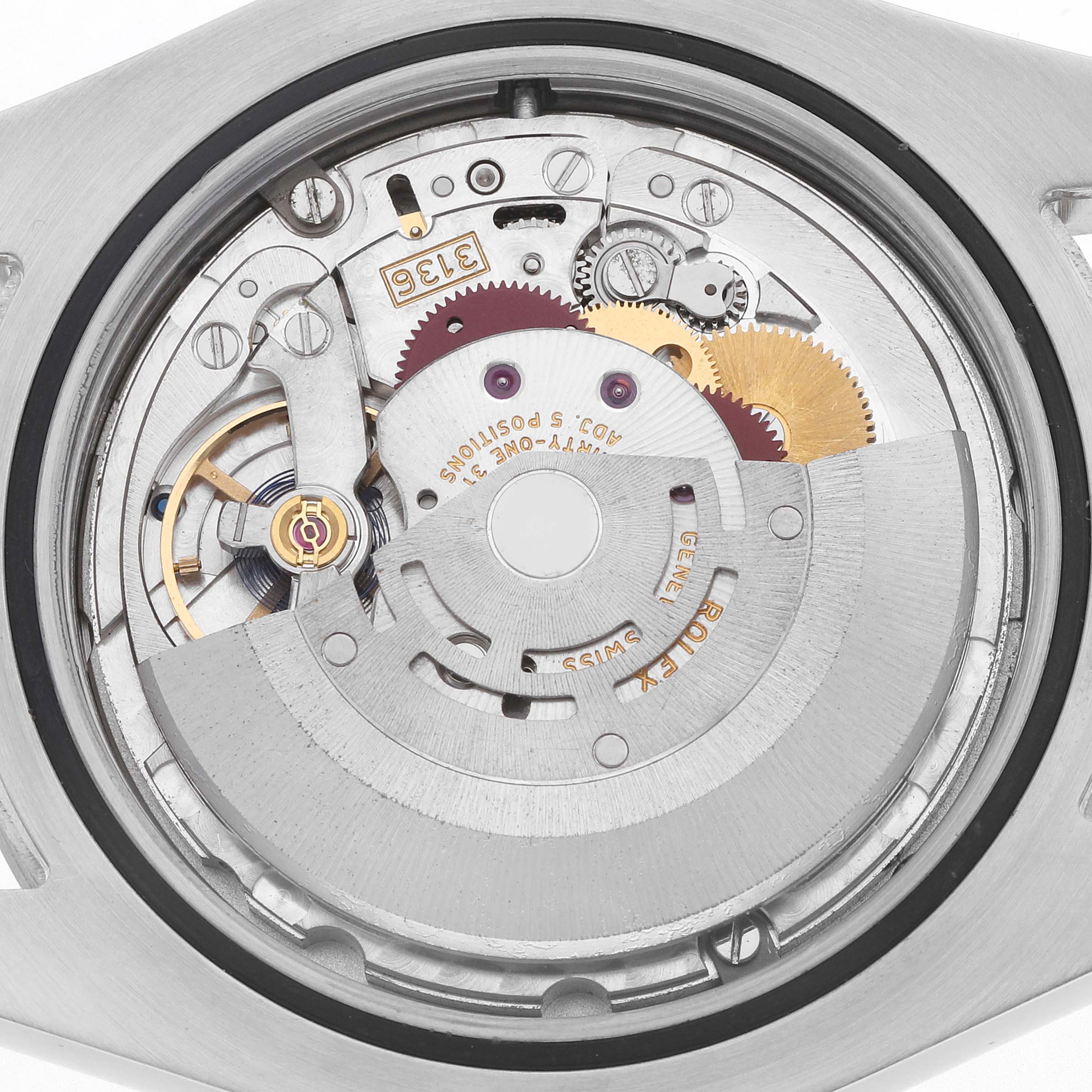 The image shows the movement mechanism of the Rolex Datejust 41 116333 Men
s Steel and Gold (two tone) White Dial model, viewed from the back casing, highlighting gears and components.