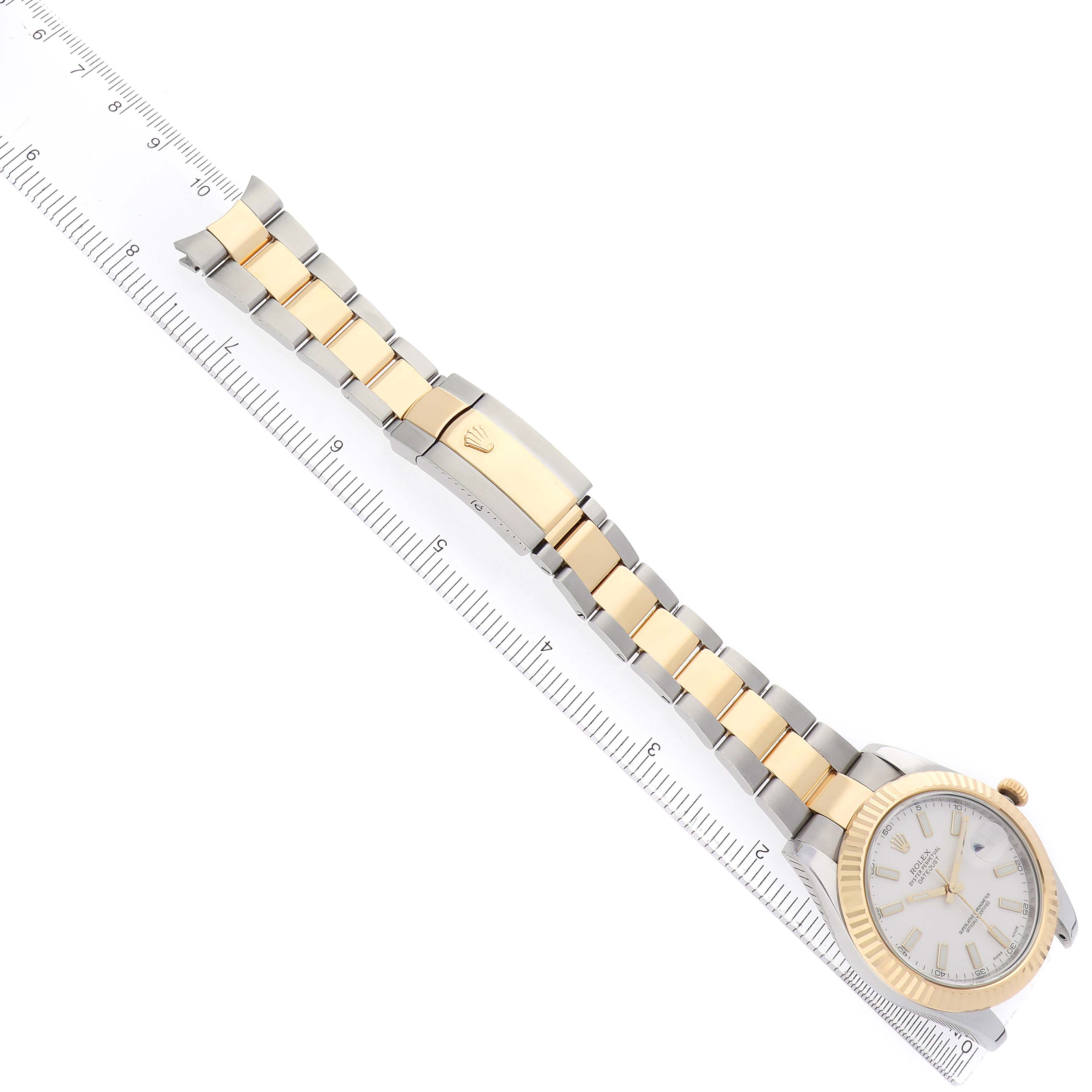 The Rolex Datejust 41 116333 Men
s Steel and Gold (two tone) White Dial watch is shown from a top-down angle, displaying the full bracelet and face.